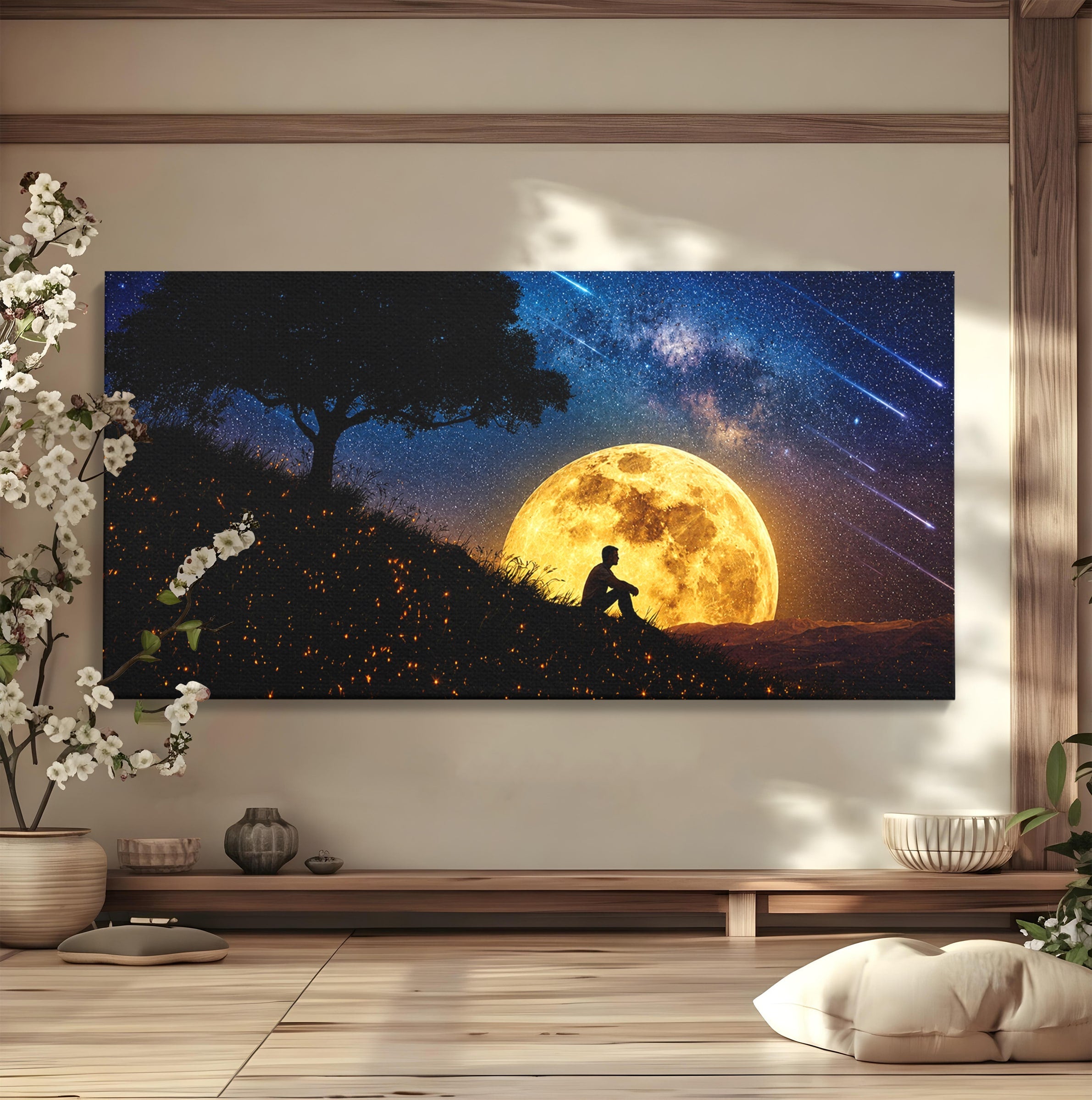 Tablou Canvas Premium LuxCanva® S1013, Contemplatie Sub Luna Plina, Luna, Copac, Stele, Noapte, Meditatie, Living, Culori Vibrante