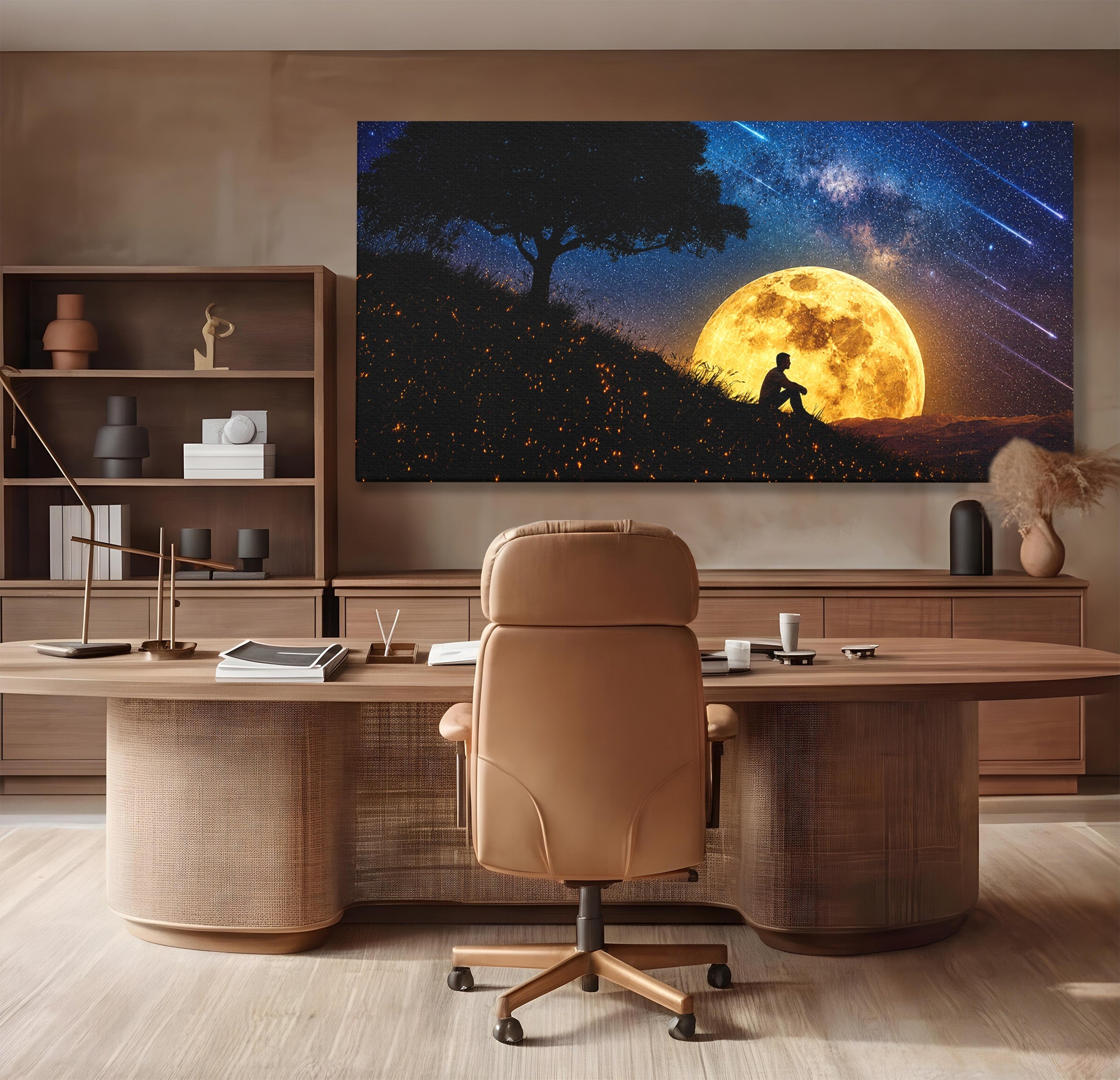 Tablou Canvas Premium LuxCanva® S1013, Contemplatie Sub Luna Plina, Luna, Copac, Stele, Noapte, Meditatie, Living, Culori Vibrante