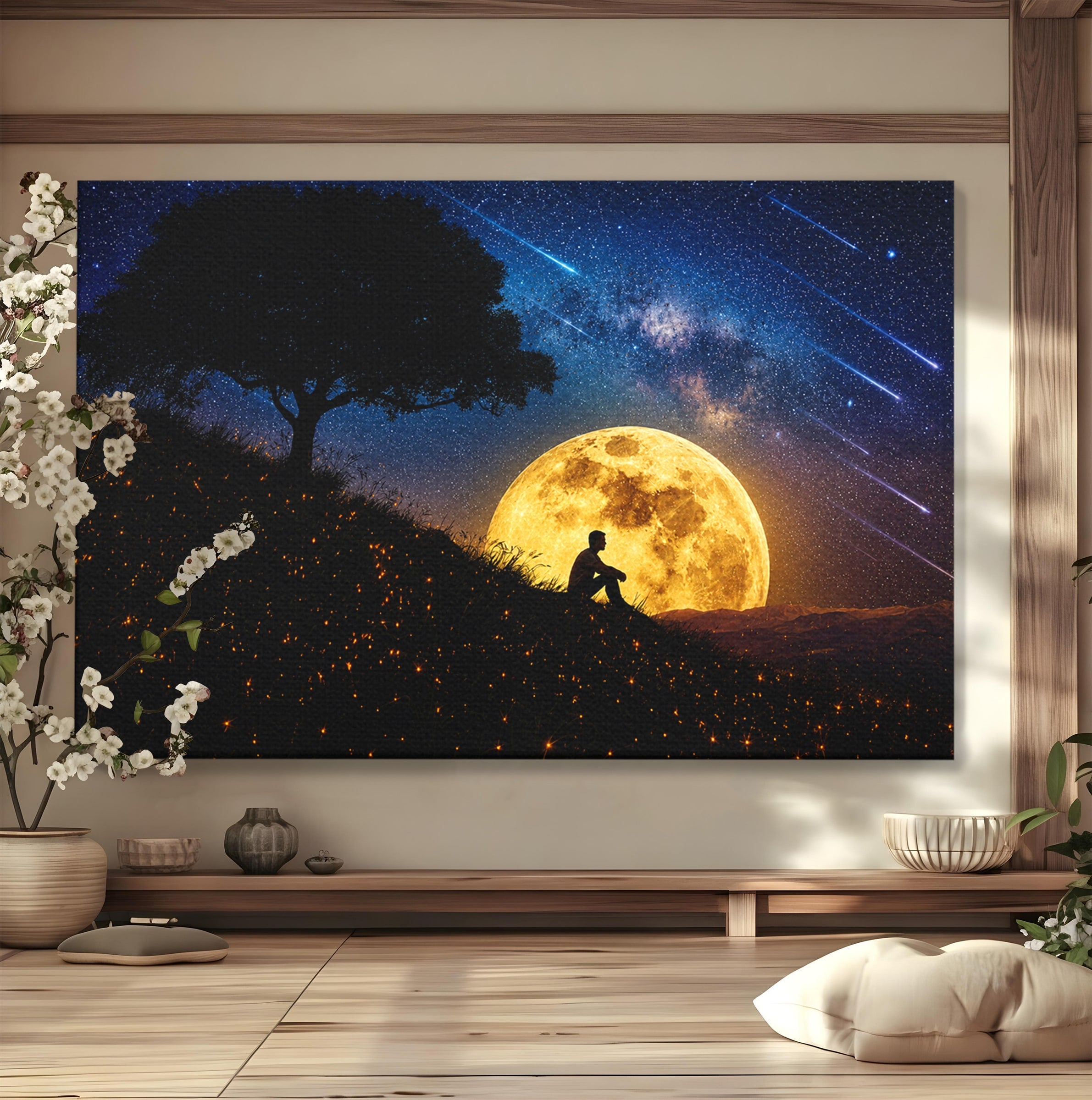 Tablou Canvas Premium LuxCanva® S1013, Contemplatie Sub Luna Plina, Luna, Copac, Stele, Noapte, Meditatie, Living, Culori Vibrante