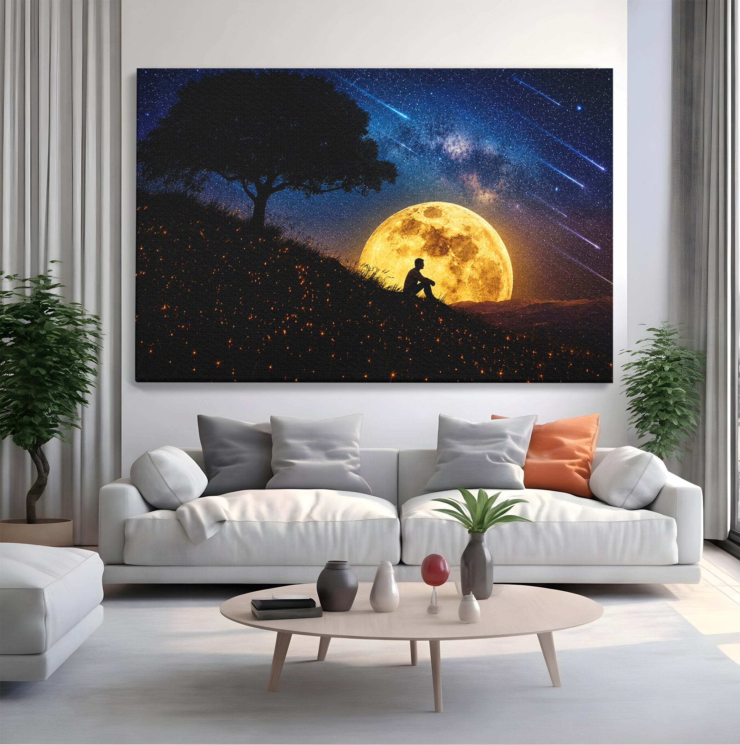 Tablou Canvas Premium LuxCanva® S1013, Contemplatie Sub Luna Plina, Luna, Copac, Stele, Noapte, Meditatie, Living, Culori Vibrante