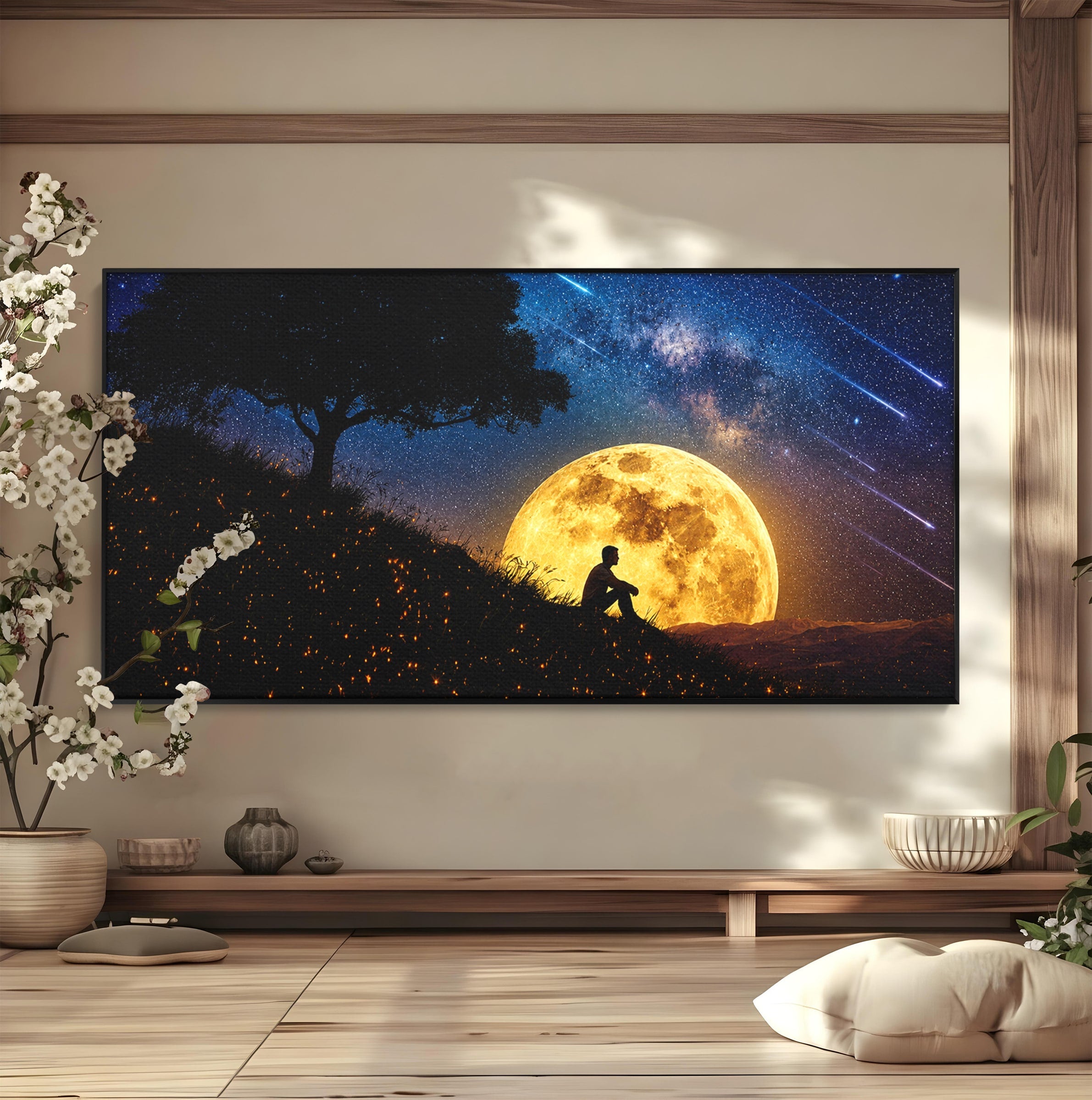 Tablou Canvas Premium LuxCanva® S1013, Contemplatie Sub Luna Plina, Luna, Copac, Stele, Noapte, Meditatie, Living, Culori Vibrante