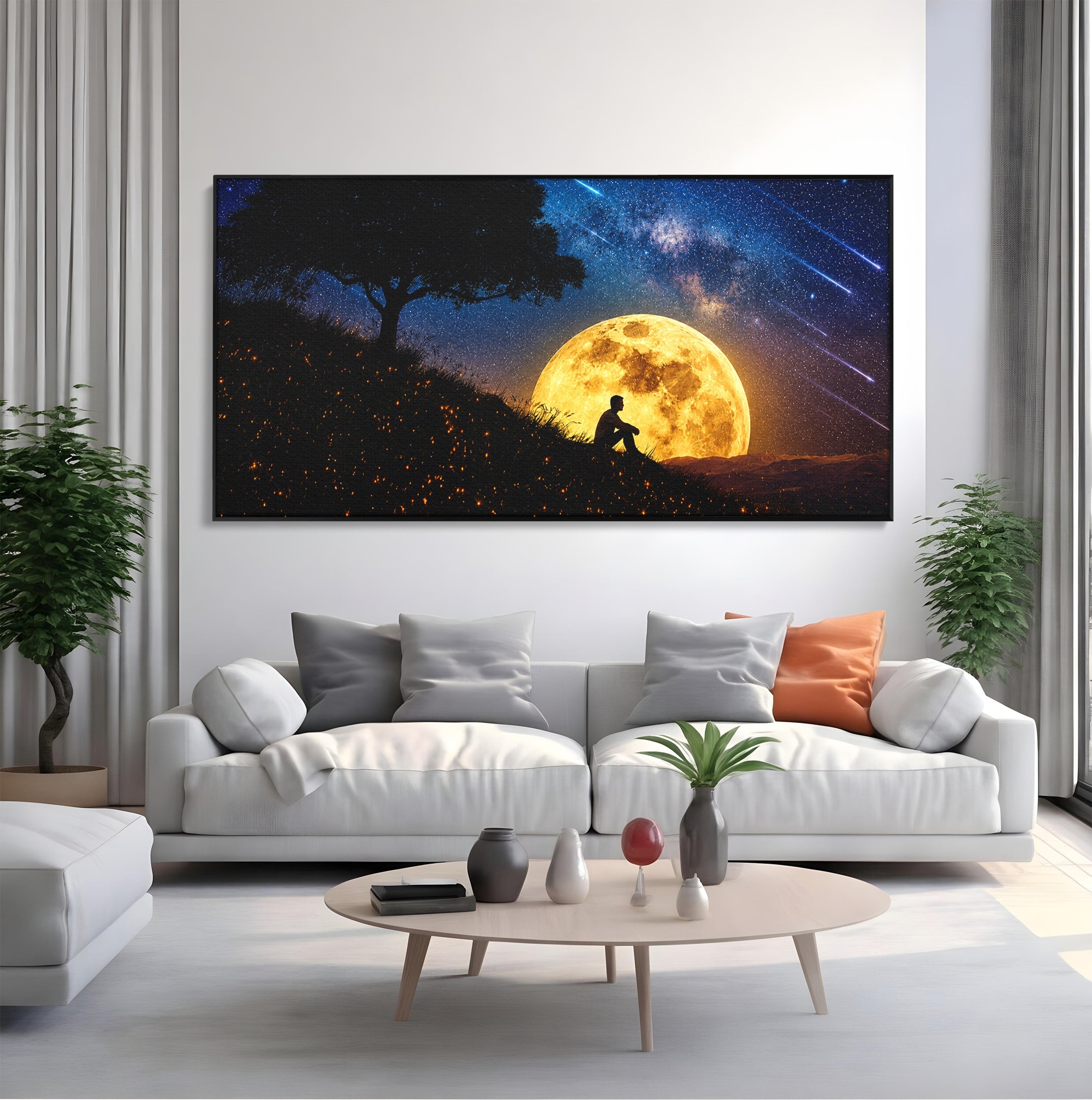 Tablou Canvas Premium LuxCanva® S1013, Contemplatie Sub Luna Plina, Luna, Copac, Stele, Noapte, Meditatie, Living, Culori Vibrante