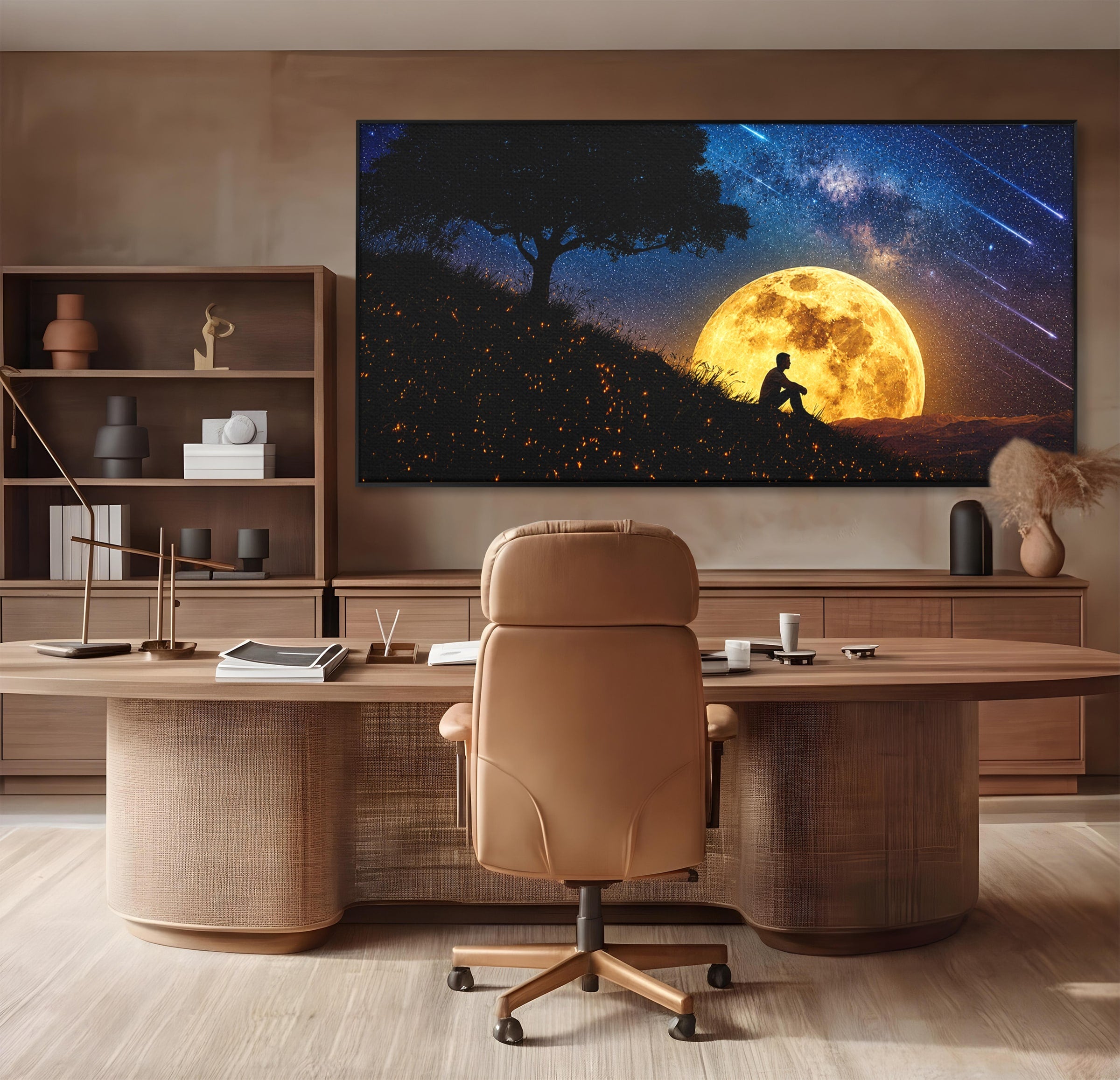 Tablou Canvas Premium LuxCanva® S1013, Contemplatie Sub Luna Plina, Luna, Copac, Stele, Noapte, Meditatie, Living, Culori Vibrante