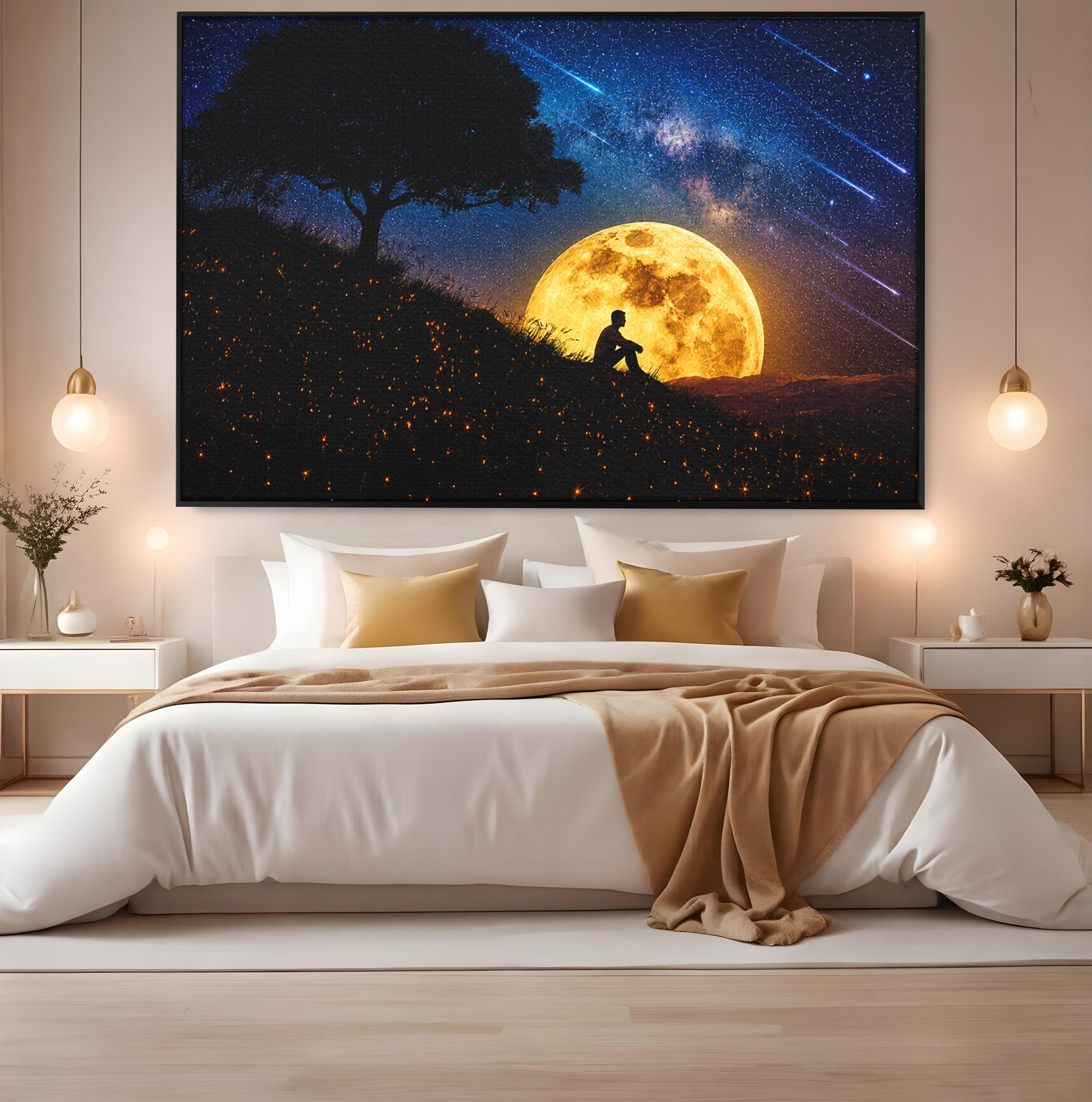 Tablou Canvas Premium LuxCanva® S1013, Contemplatie Sub Luna Plina, Luna, Copac, Stele, Noapte, Meditatie, Living, Culori Vibrante