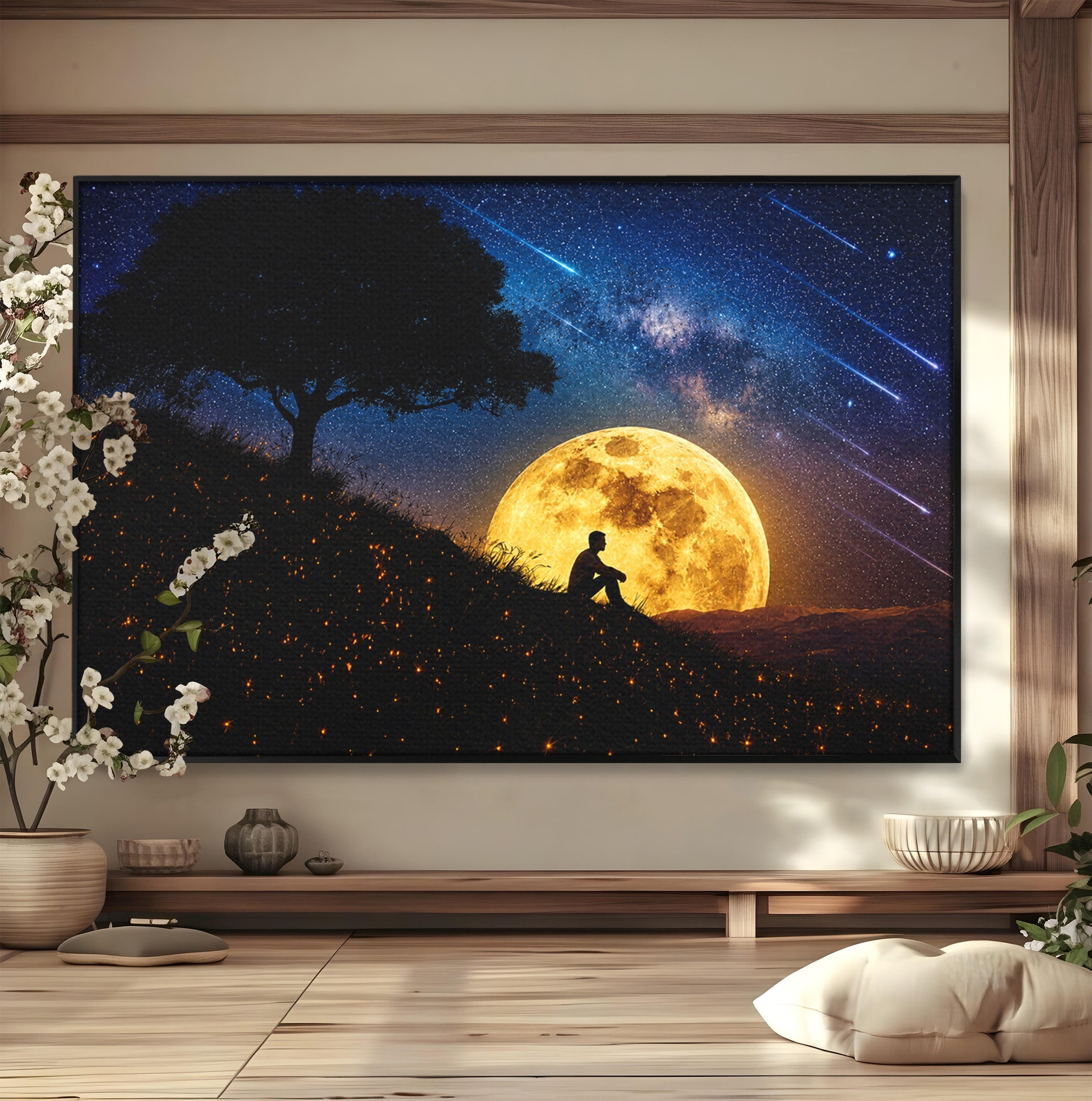 Tablou Canvas Premium LuxCanva® S1013, Contemplatie Sub Luna Plina, Luna, Copac, Stele, Noapte, Meditatie, Living, Culori Vibrante