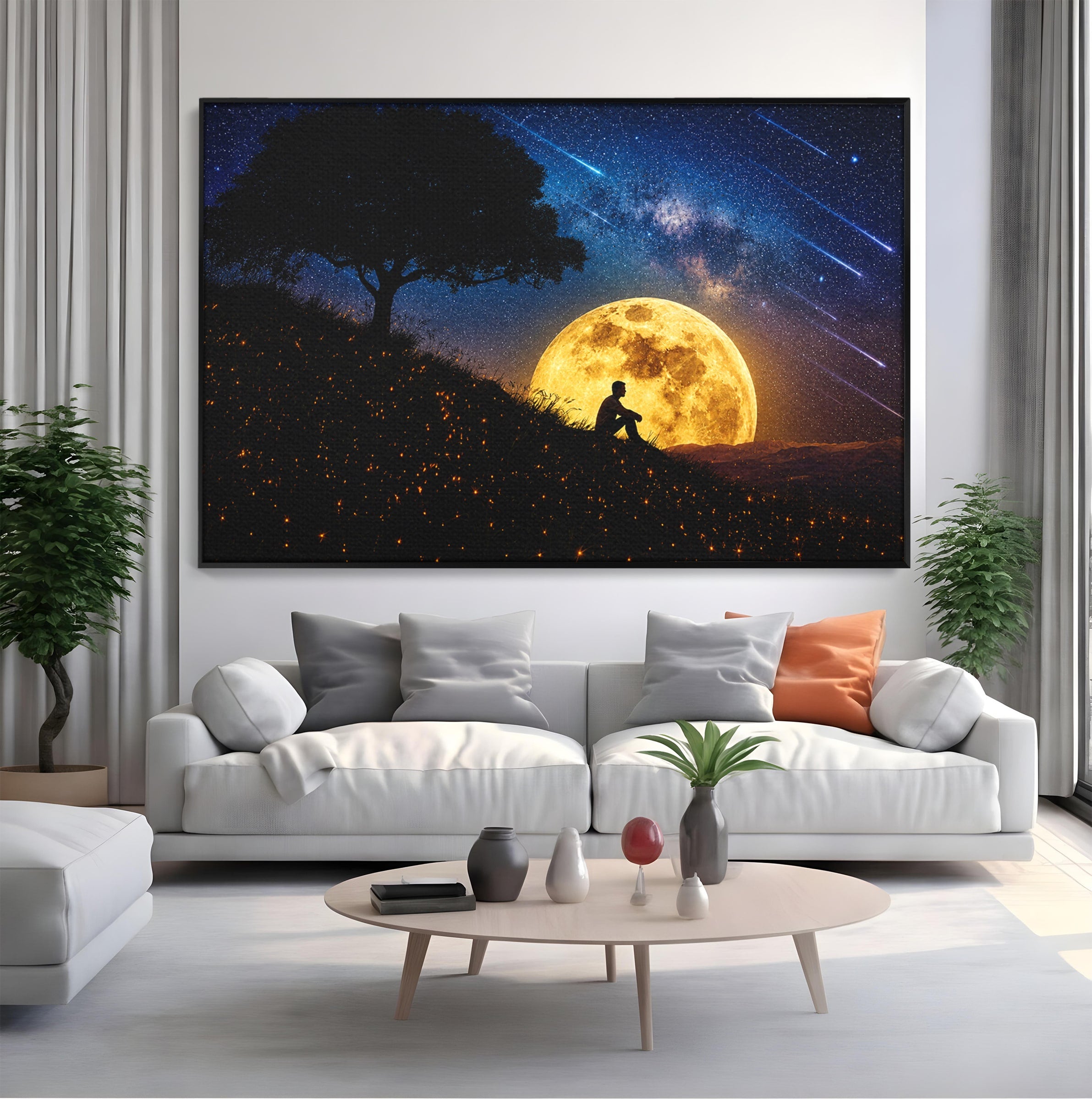 Tablou Canvas Premium LuxCanva® S1013, Contemplatie Sub Luna Plina, Luna, Copac, Stele, Noapte, Meditatie, Living, Culori Vibrante