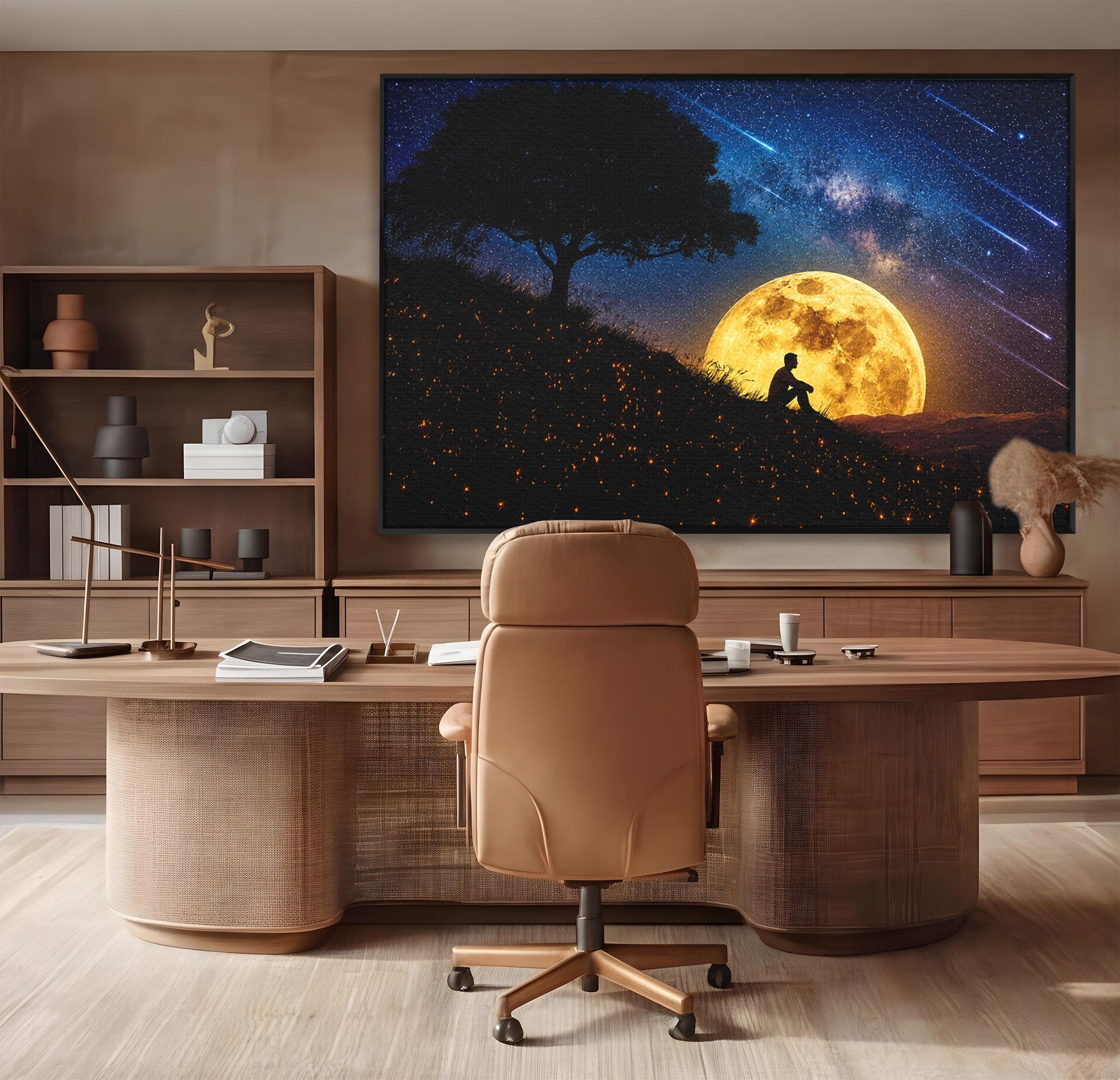 Tablou Canvas Premium LuxCanva® S1013, Contemplatie Sub Luna Plina, Luna, Copac, Stele, Noapte, Meditatie, Living, Culori Vibrante