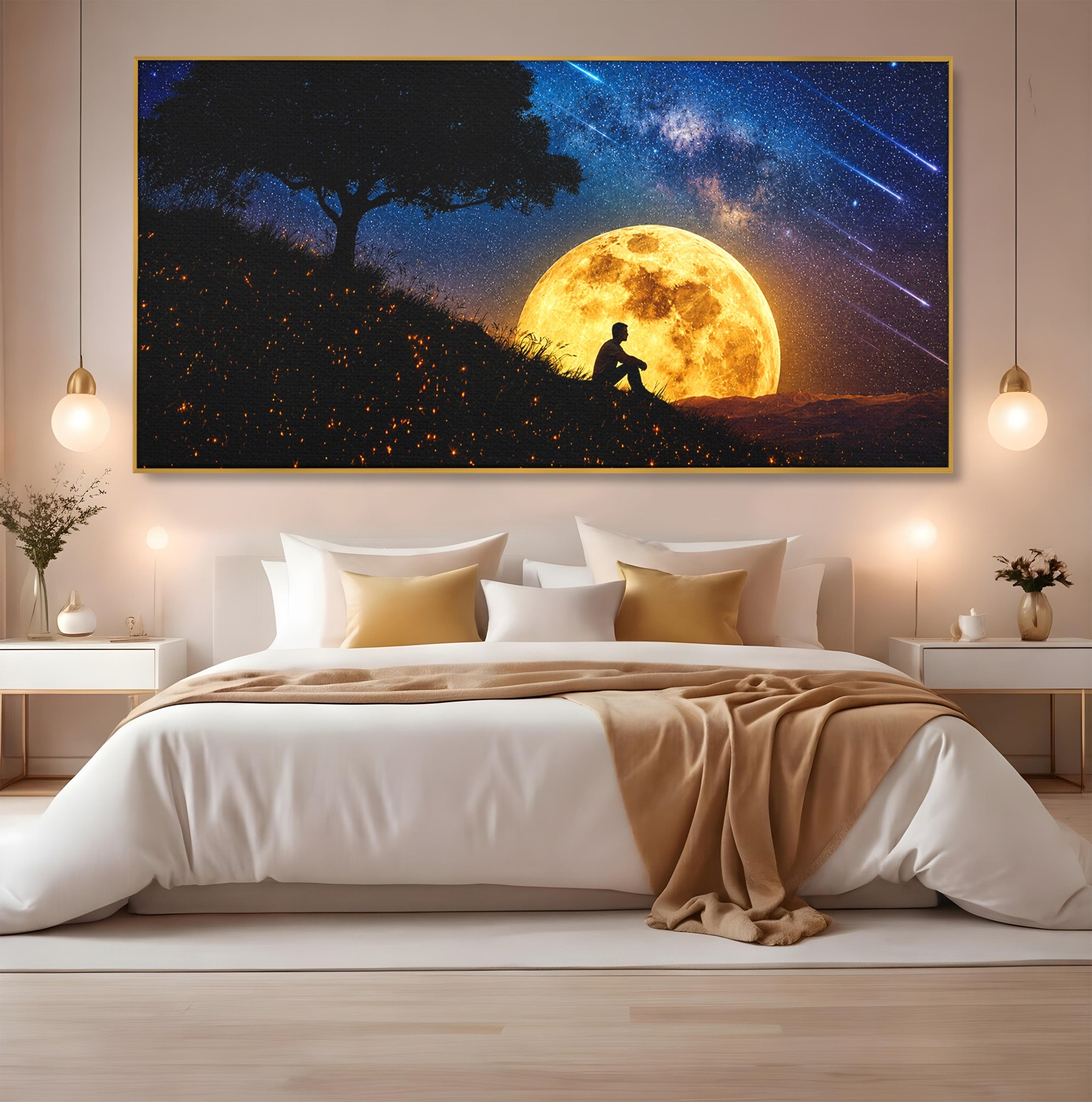 Tablou Canvas Premium LuxCanva® S1013, Contemplatie Sub Luna Plina, Luna, Copac, Stele, Noapte, Meditatie, Living, Culori Vibrante