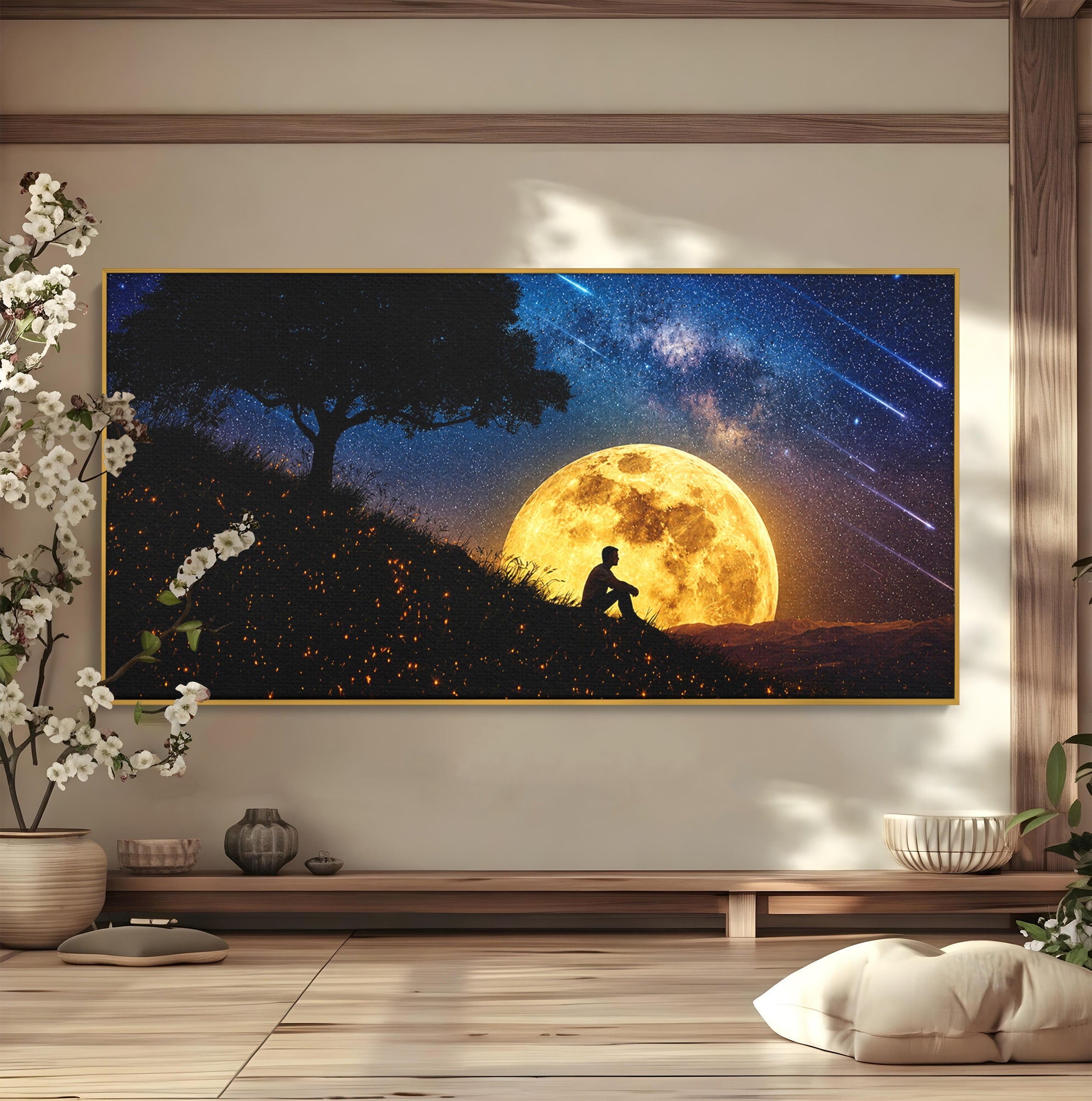 Tablou Canvas Premium LuxCanva® S1013, Contemplatie Sub Luna Plina, Luna, Copac, Stele, Noapte, Meditatie, Living, Culori Vibrante