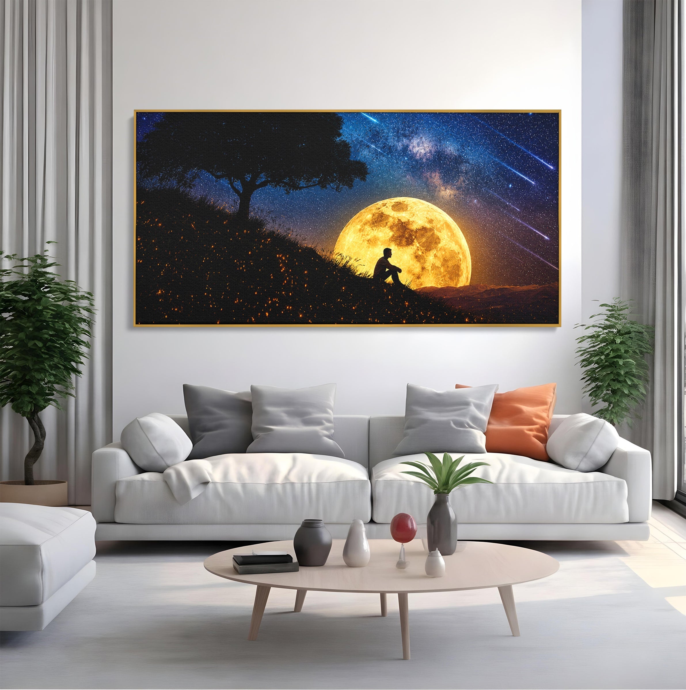 Tablou Canvas Premium LuxCanva® S1013, Contemplatie Sub Luna Plina, Luna, Copac, Stele, Noapte, Meditatie, Living, Culori Vibrante