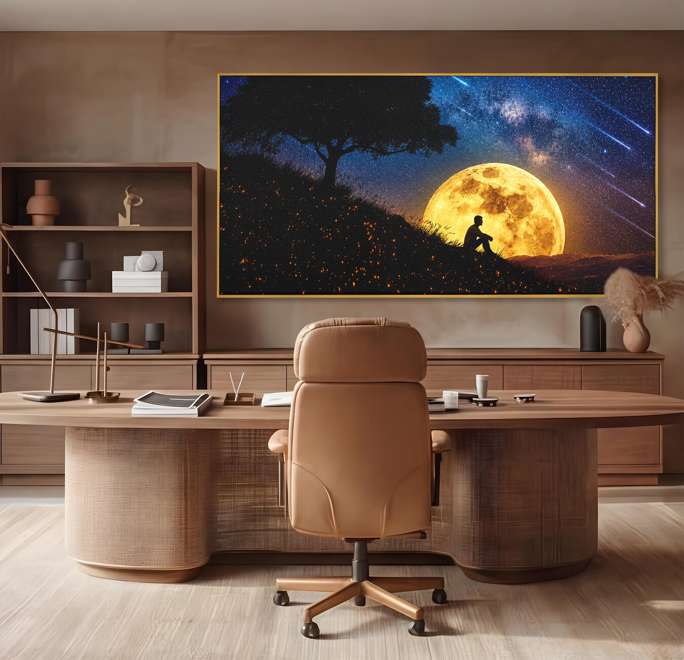 Tablou Canvas Premium LuxCanva® S1013, Contemplatie Sub Luna Plina, Luna, Copac, Stele, Noapte, Meditatie, Living, Culori Vibrante