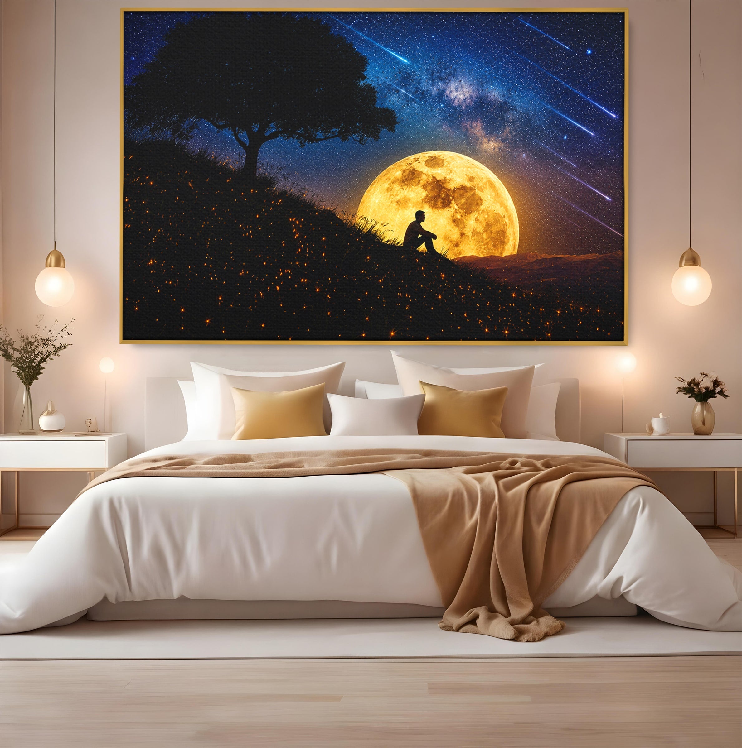Tablou Canvas Premium LuxCanva® S1013, Contemplatie Sub Luna Plina, Luna, Copac, Stele, Noapte, Meditatie, Living, Culori Vibrante