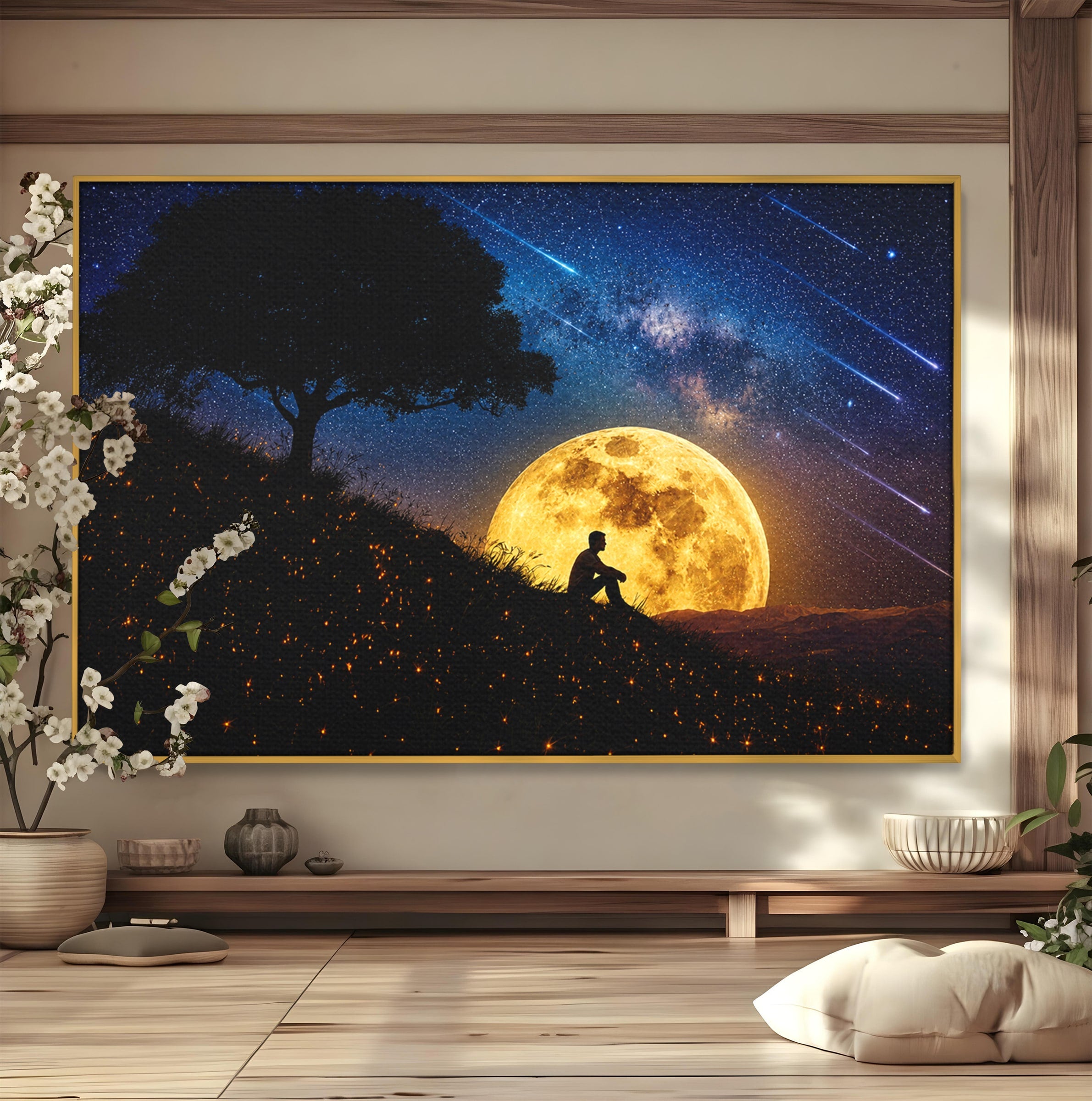 Tablou Canvas Premium LuxCanva® S1013, Contemplatie Sub Luna Plina, Luna, Copac, Stele, Noapte, Meditatie, Living, Culori Vibrante