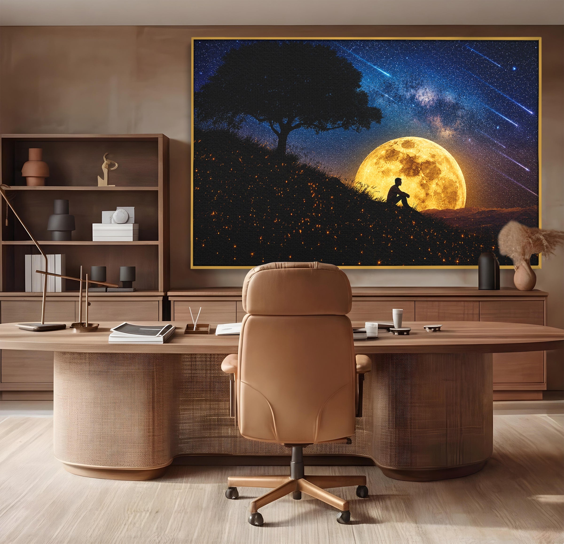 Tablou Canvas Premium LuxCanva® S1013, Contemplatie Sub Luna Plina, Luna, Copac, Stele, Noapte, Meditatie, Living, Culori Vibrante