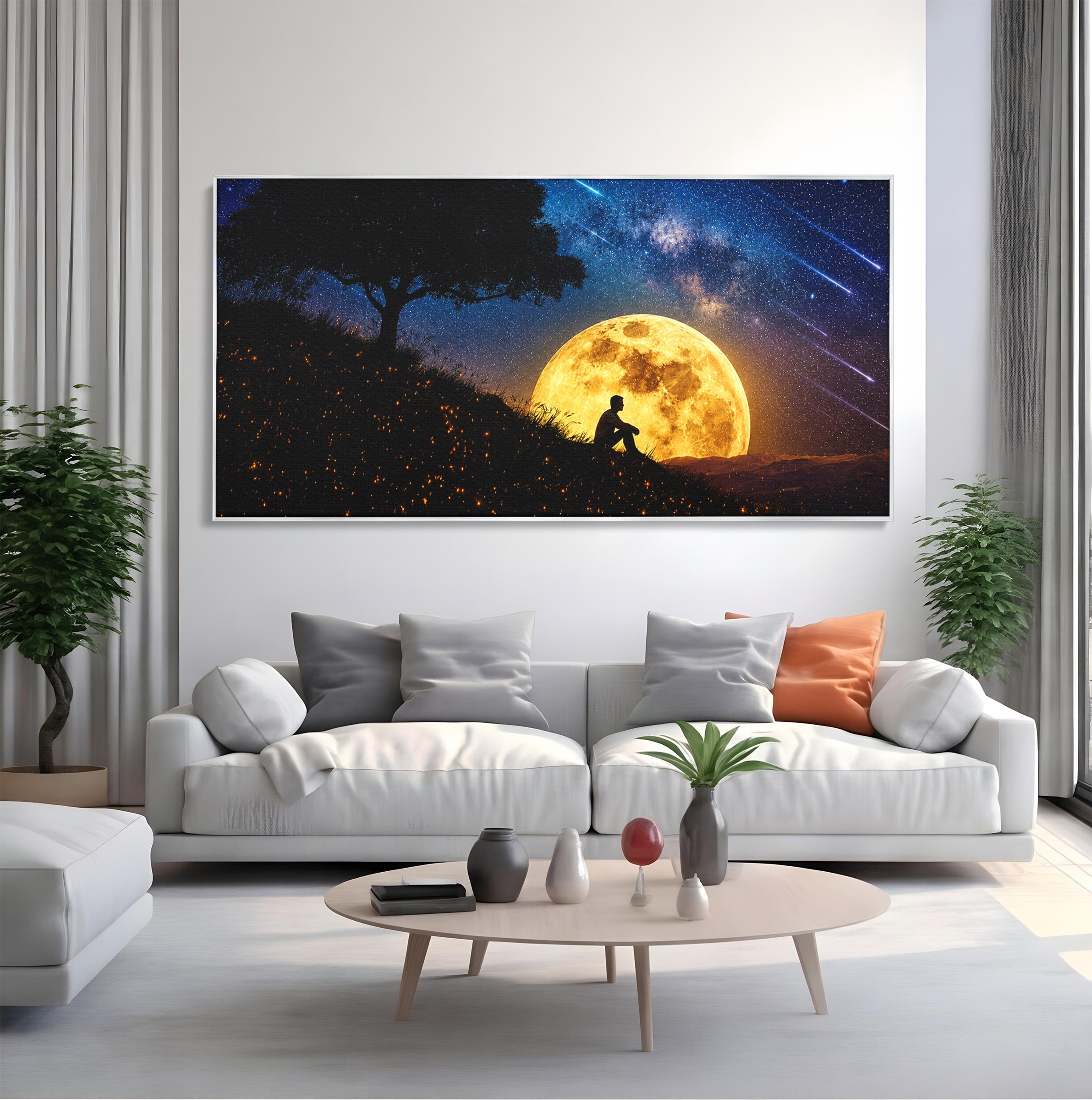 Tablou Canvas Premium LuxCanva® S1013, Contemplatie Sub Luna Plina, Luna, Copac, Stele, Noapte, Meditatie, Living, Culori Vibrante