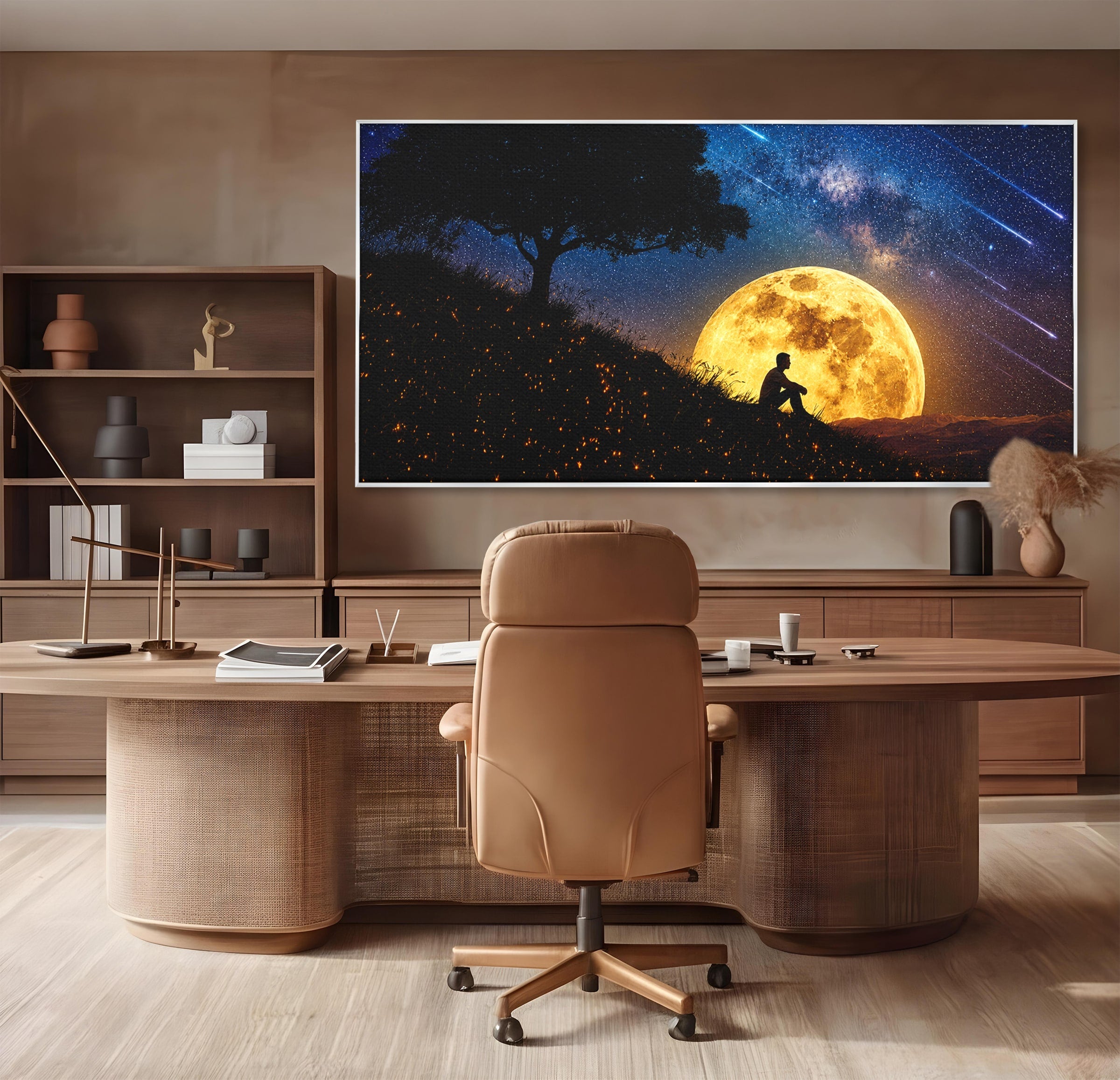 Tablou Canvas Premium LuxCanva® S1013, Contemplatie Sub Luna Plina, Luna, Copac, Stele, Noapte, Meditatie, Living, Culori Vibrante