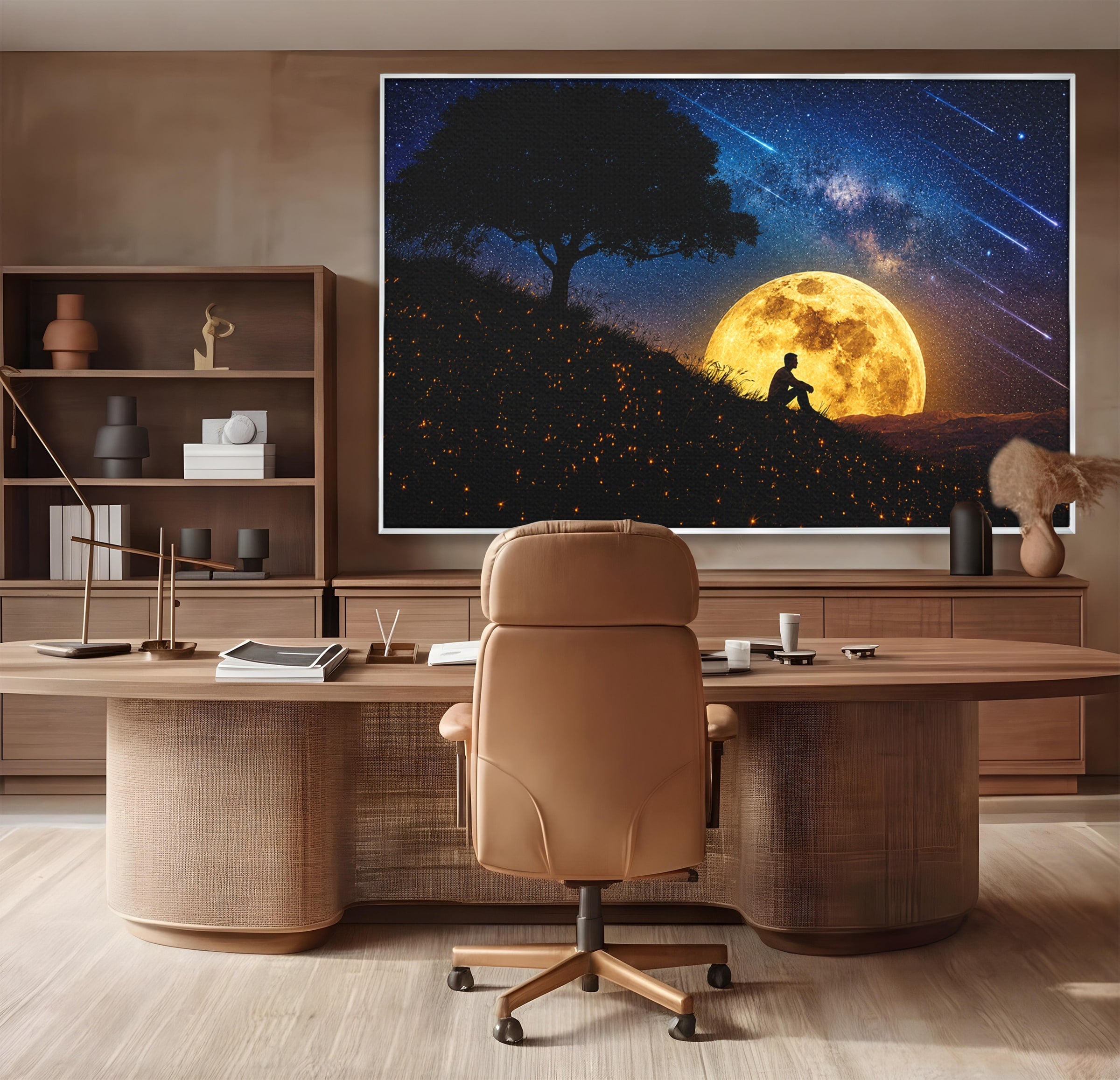 Tablou Canvas Premium LuxCanva® S1013, Contemplatie Sub Luna Plina, Luna, Copac, Stele, Noapte, Meditatie, Living, Culori Vibrante