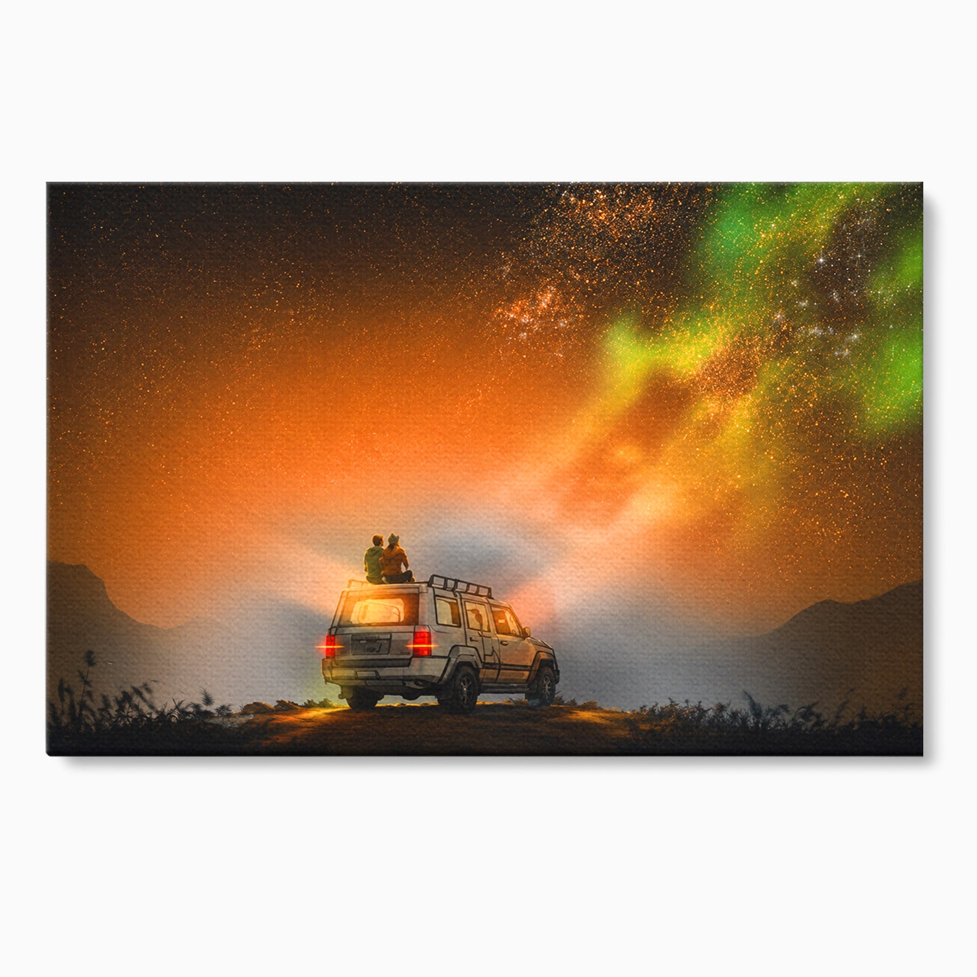 Tablou Canvas Premium LuxCanva® S1015, Cuplu Sub Aurora, Cuplu, Aurora, Masina, Stele, Noapte, Aventura, Living, Culori Vibrante