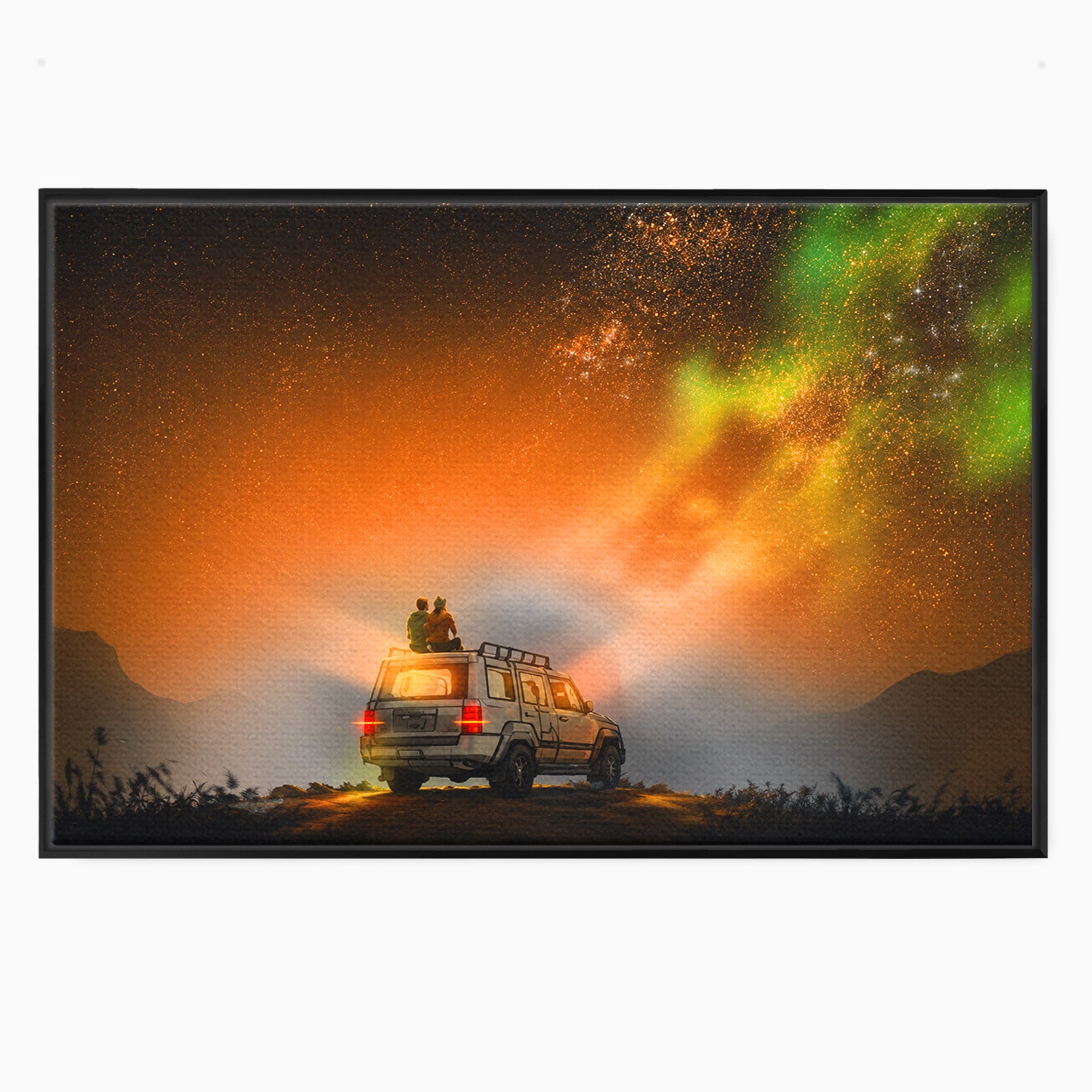 Tablou Canvas Premium LuxCanva® S1015, Cuplu Sub Aurora, Cuplu, Aurora, Masina, Stele, Noapte, Aventura, Living, Culori Vibrante
