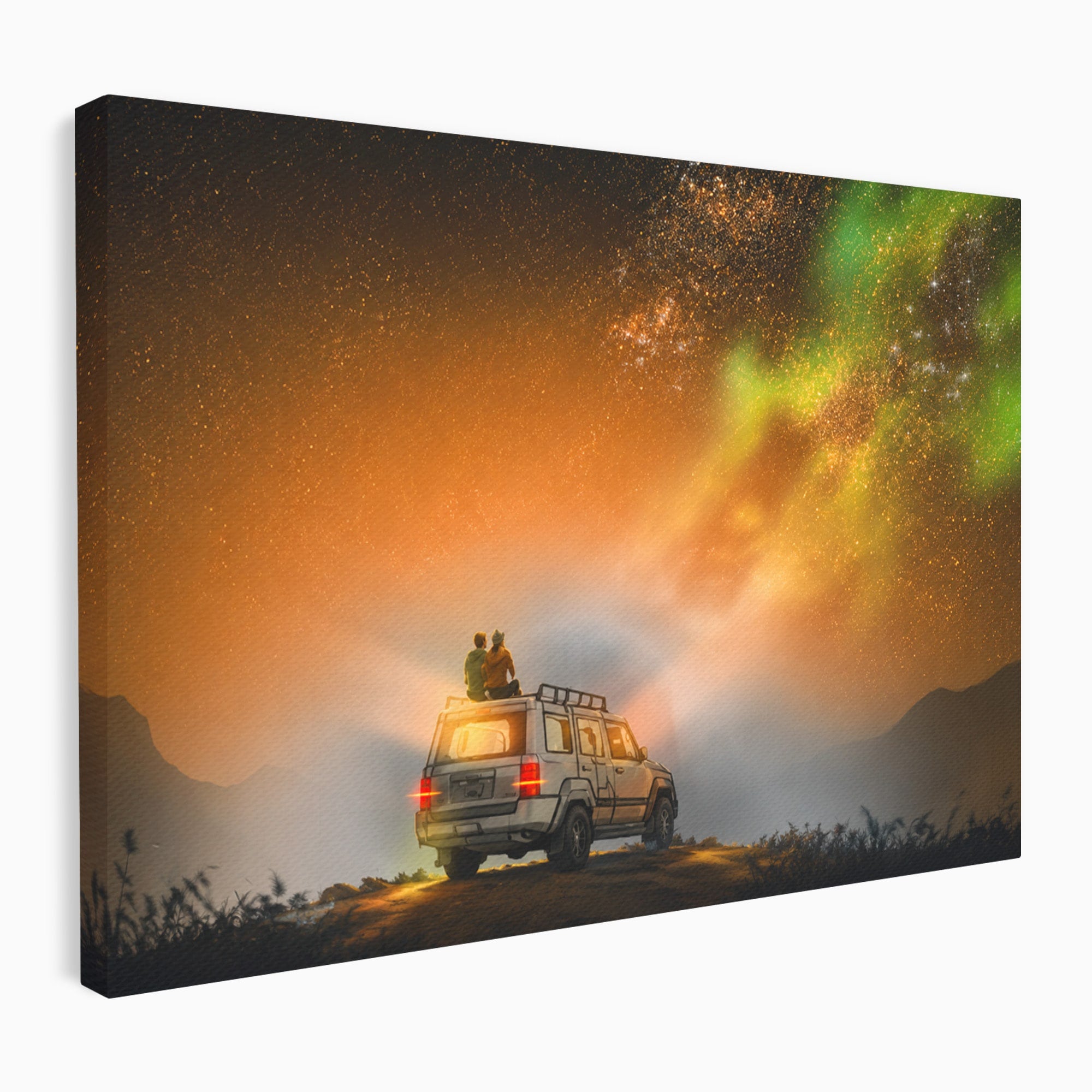Tablou Canvas Premium LuxCanva® S1015, Cuplu Sub Aurora, Cuplu, Aurora, Masina, Stele, Noapte, Aventura, Living, Culori Vibrante