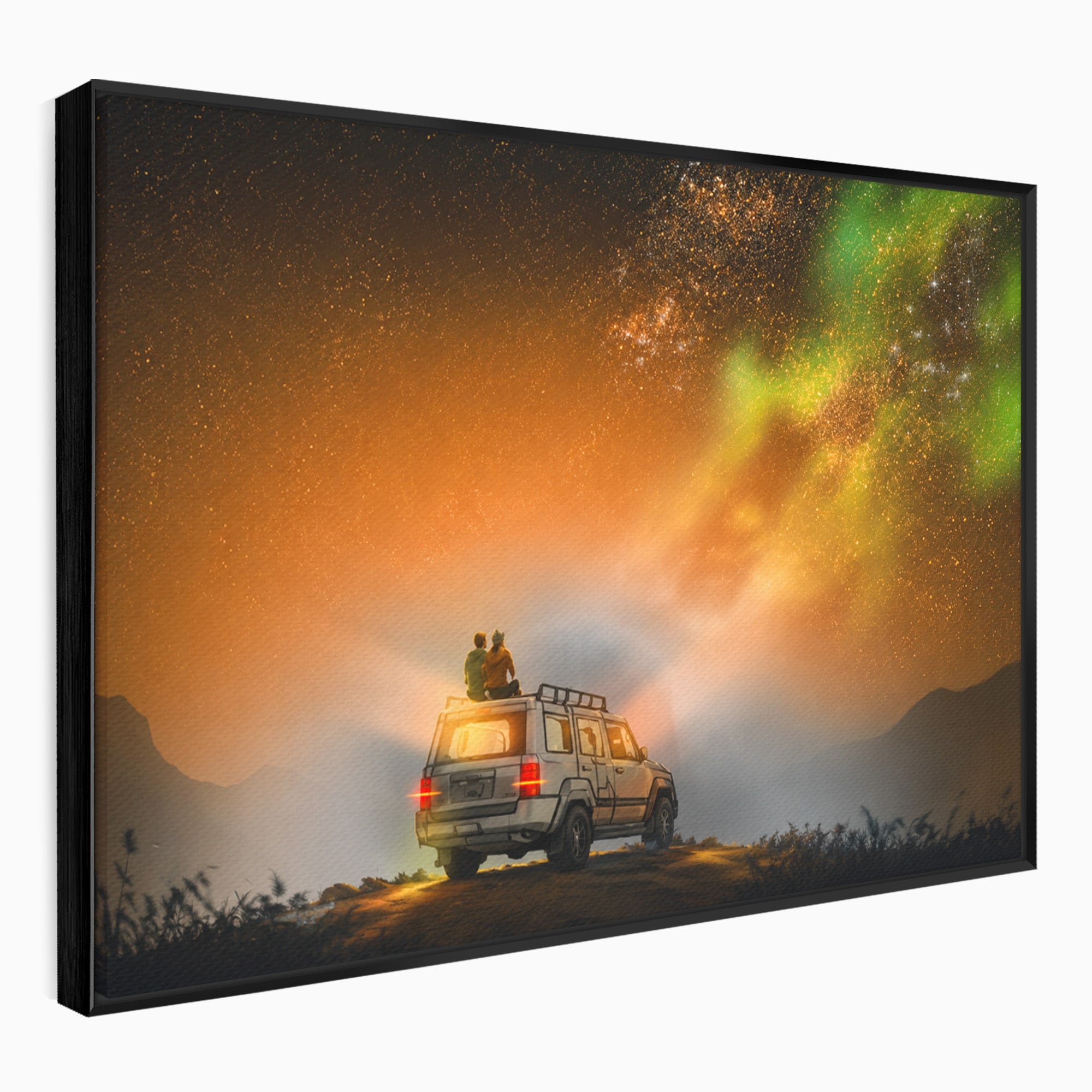 Tablou Canvas Premium LuxCanva® S1015, Cuplu Sub Aurora, Cuplu, Aurora, Masina, Stele, Noapte, Aventura, Living, Culori Vibrante