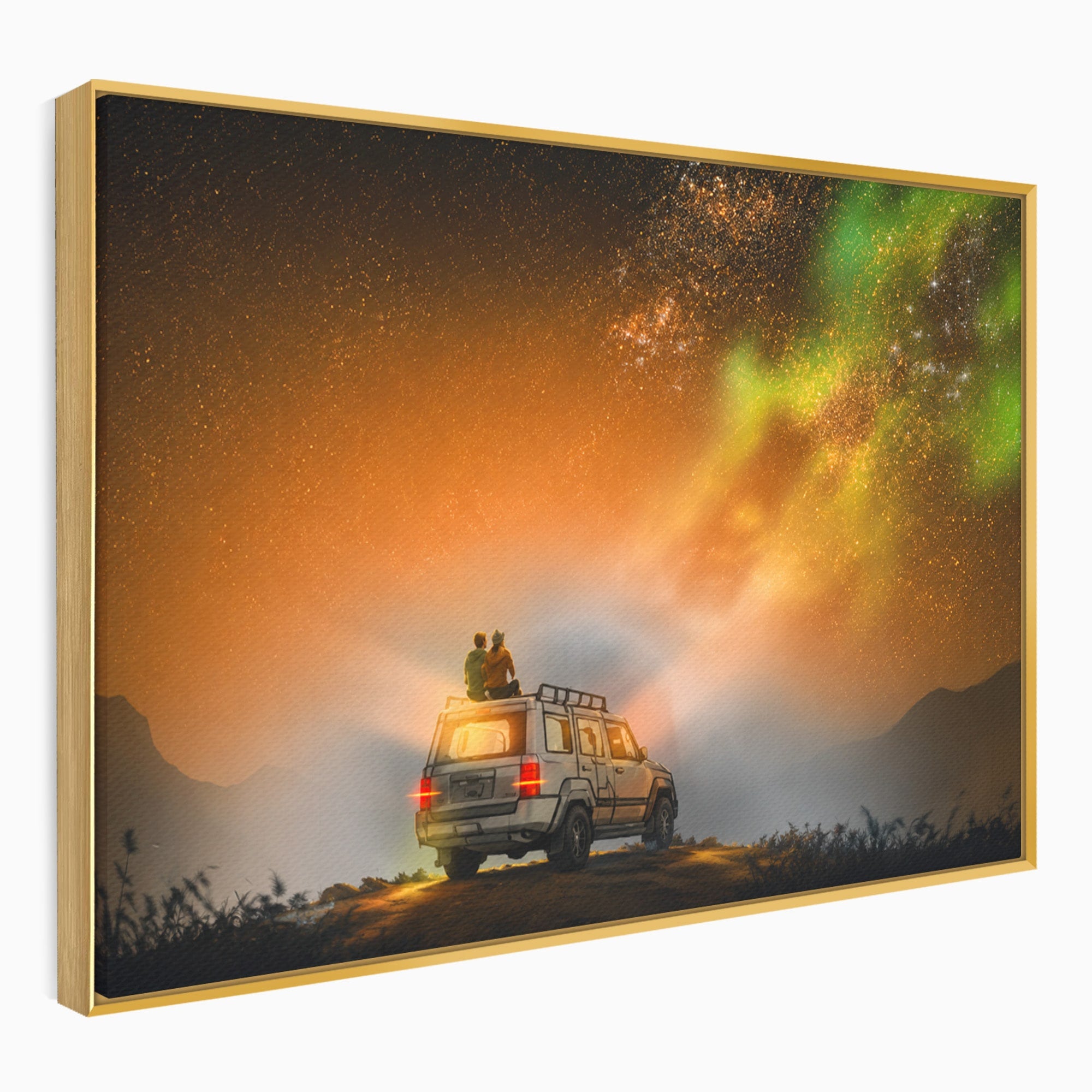 Tablou Canvas Premium LuxCanva® S1015, Cuplu Sub Aurora, Cuplu, Aurora, Masina, Stele, Noapte, Aventura, Living, Culori Vibrante