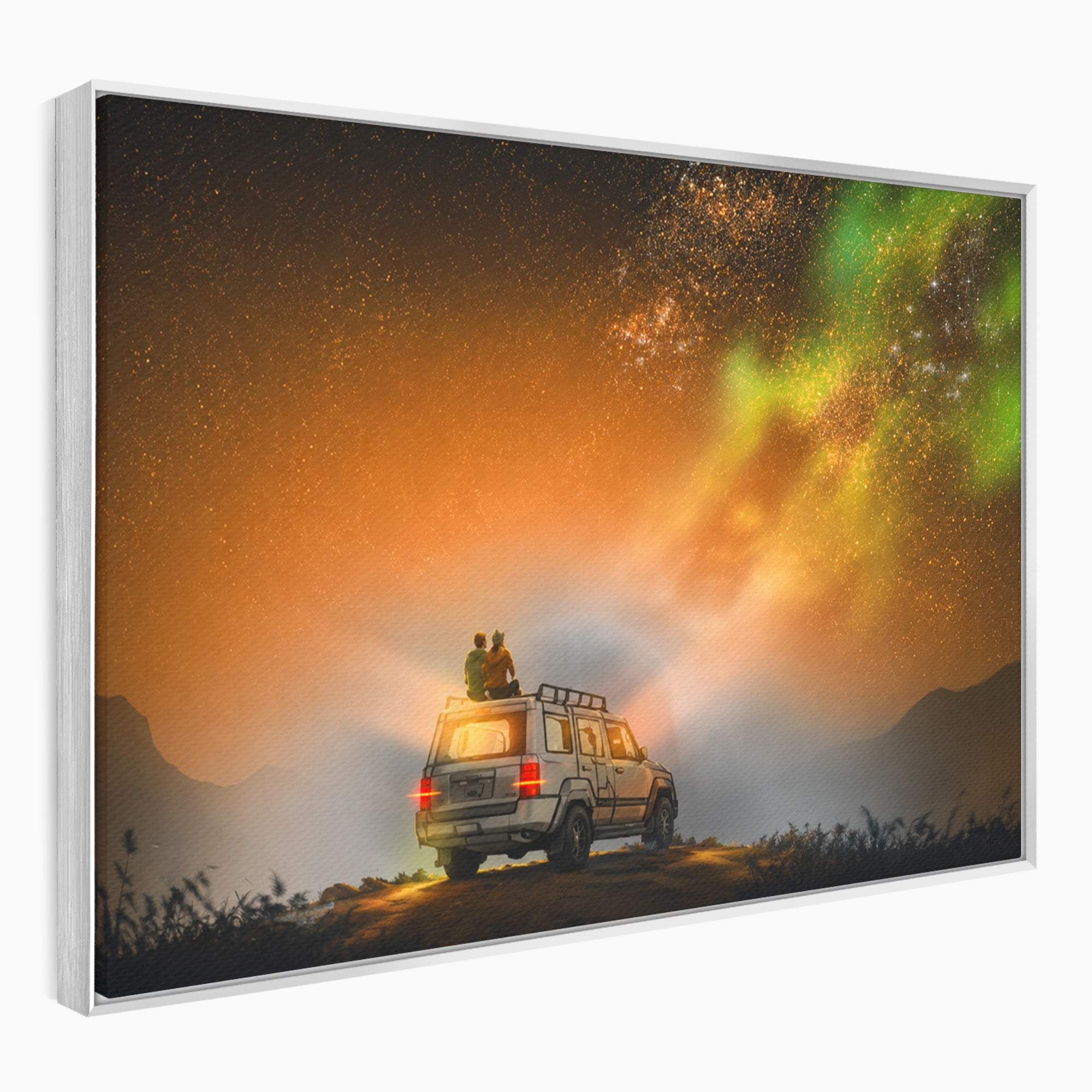 Tablou Canvas Premium LuxCanva® S1015, Cuplu Sub Aurora, Cuplu, Aurora, Masina, Stele, Noapte, Aventura, Living, Culori Vibrante