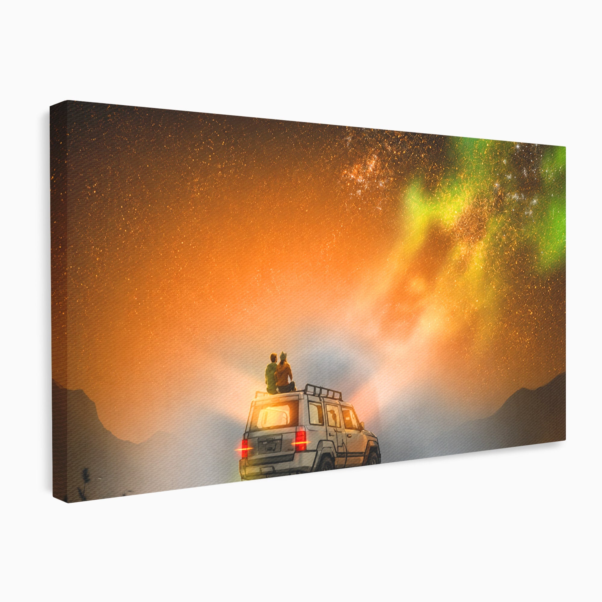 Tablou Canvas Premium LuxCanva® S1015, Cuplu Sub Aurora, Cuplu, Aurora, Masina, Stele, Noapte, Aventura, Living, Culori Vibrante