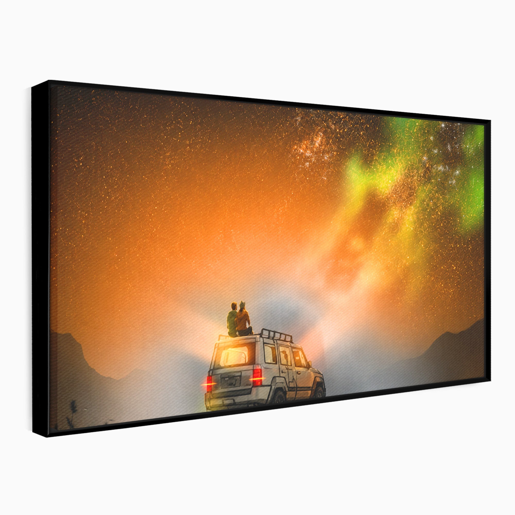 Tablou Canvas Premium LuxCanva® S1015, Cuplu Sub Aurora, Cuplu, Aurora, Masina, Stele, Noapte, Aventura, Living, Culori Vibrante