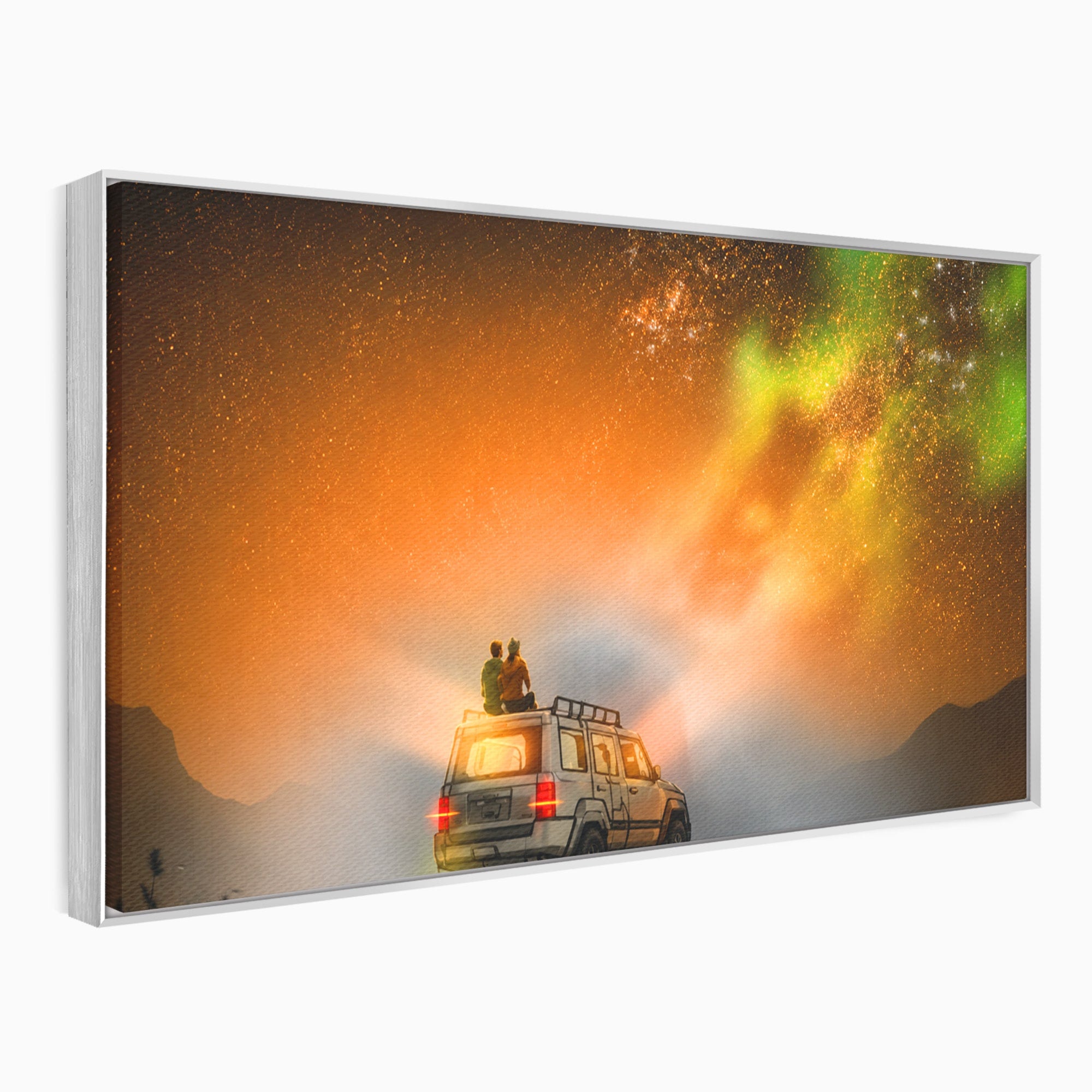 Tablou Canvas Premium LuxCanva® S1015, Cuplu Sub Aurora, Cuplu, Aurora, Masina, Stele, Noapte, Aventura, Living, Culori Vibrante