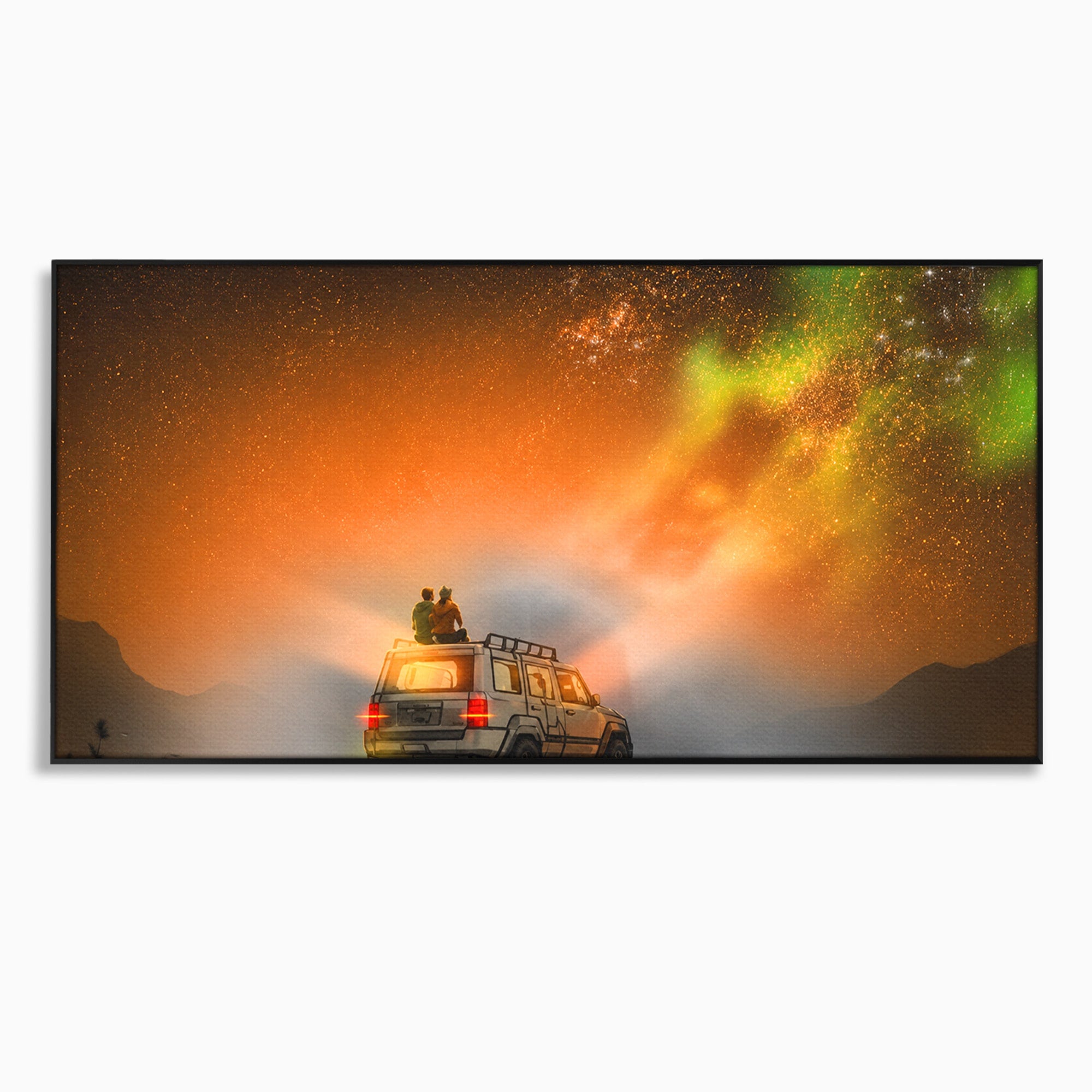 Tablou Canvas Premium LuxCanva® S1015, Cuplu Sub Aurora, Cuplu, Aurora, Masina, Stele, Noapte, Aventura, Living, Culori Vibrante