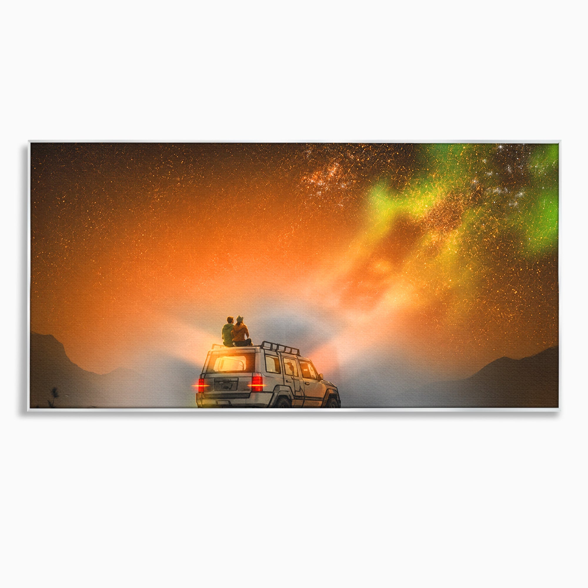 Tablou Canvas Premium LuxCanva® S1015, Cuplu Sub Aurora, Cuplu, Aurora, Masina, Stele, Noapte, Aventura, Living, Culori Vibrante