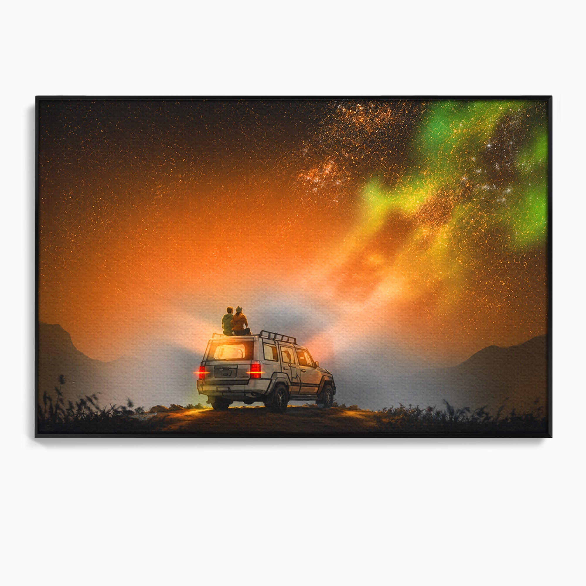 Tablou Canvas Premium LuxCanva® S1015, Cuplu Sub Aurora, Cuplu, Aurora, Masina, Stele, Noapte, Aventura, Living, Culori Vibrante