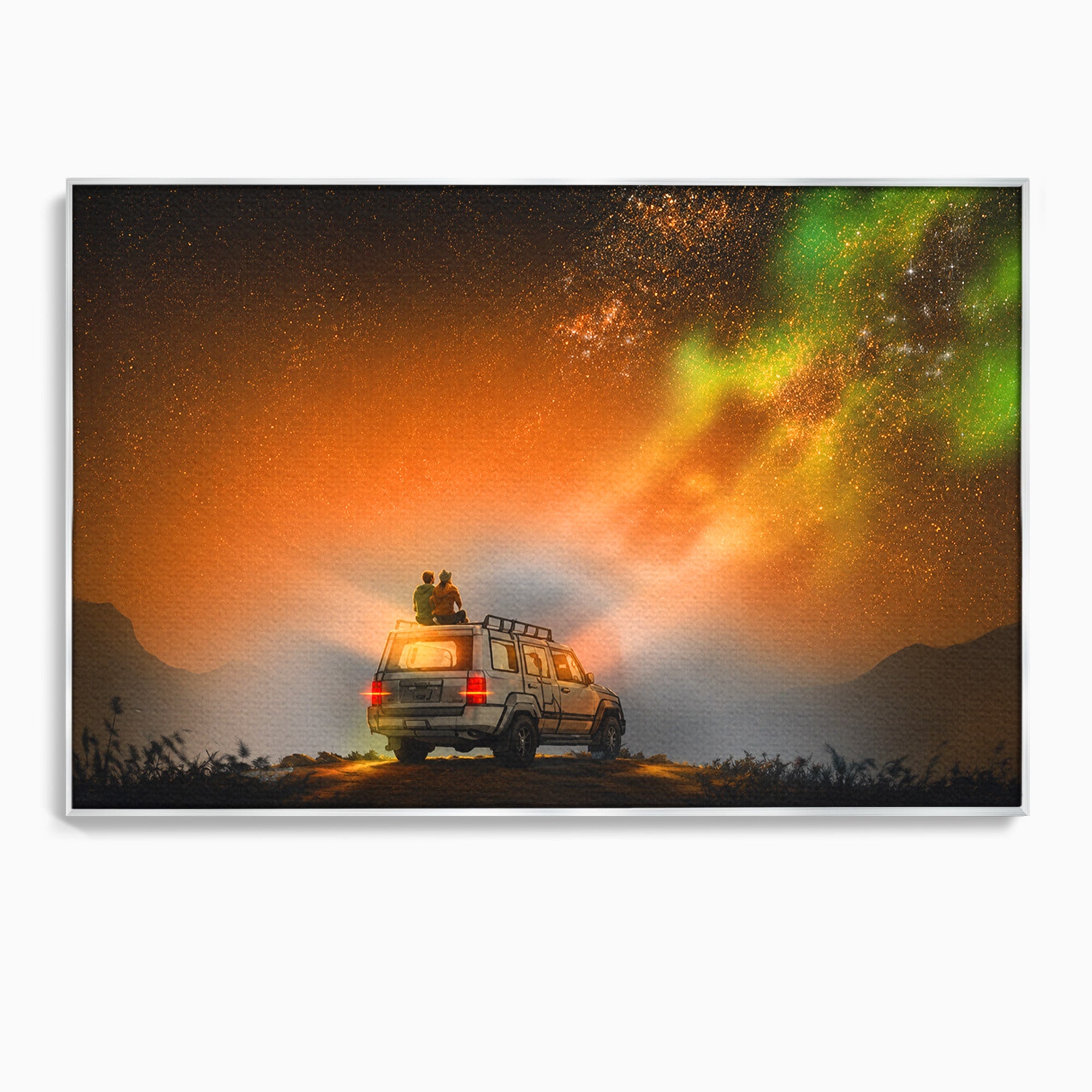 Tablou Canvas Premium LuxCanva® S1015, Cuplu Sub Aurora, Cuplu, Aurora, Masina, Stele, Noapte, Aventura, Living, Culori Vibrante