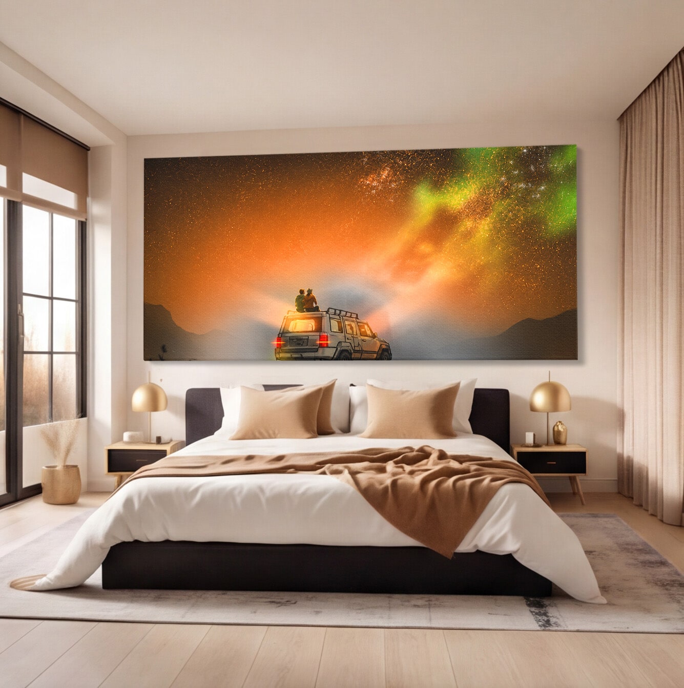 Tablou Canvas Premium LuxCanva® S1015, Cuplu Sub Aurora, Cuplu, Aurora, Masina, Stele, Noapte, Aventura, Living, Culori Vibrante