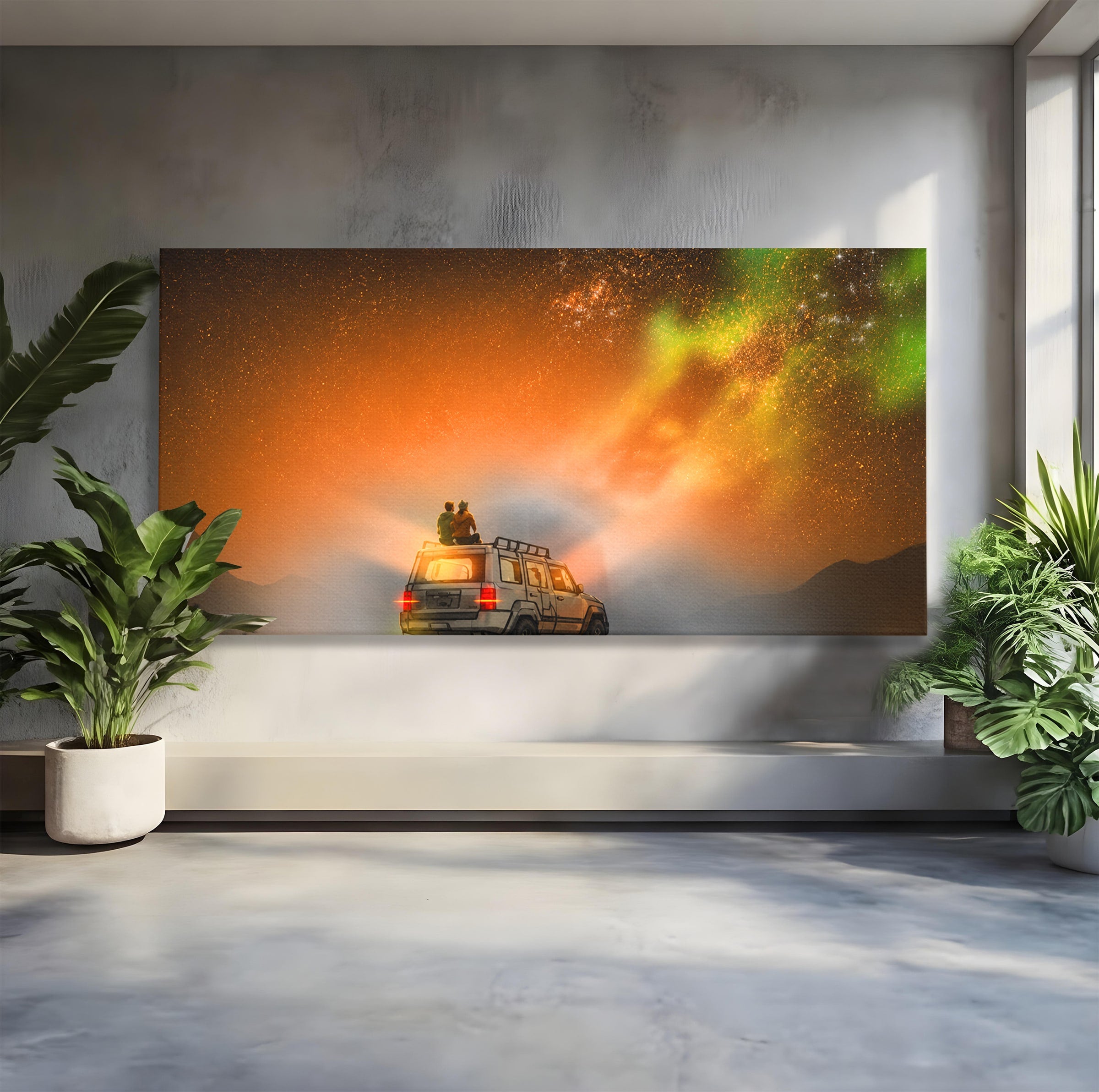 Tablou Canvas Premium LuxCanva® S1015, Cuplu Sub Aurora, Cuplu, Aurora, Masina, Stele, Noapte, Aventura, Living, Culori Vibrante