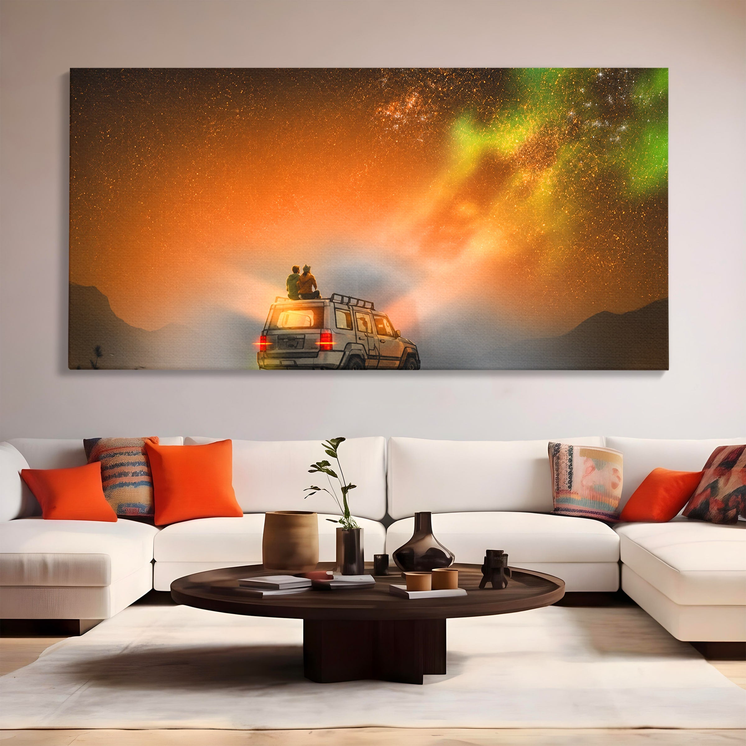 Tablou Canvas Premium LuxCanva® S1015, Cuplu Sub Aurora, Cuplu, Aurora, Masina, Stele, Noapte, Aventura, Living, Culori Vibrante