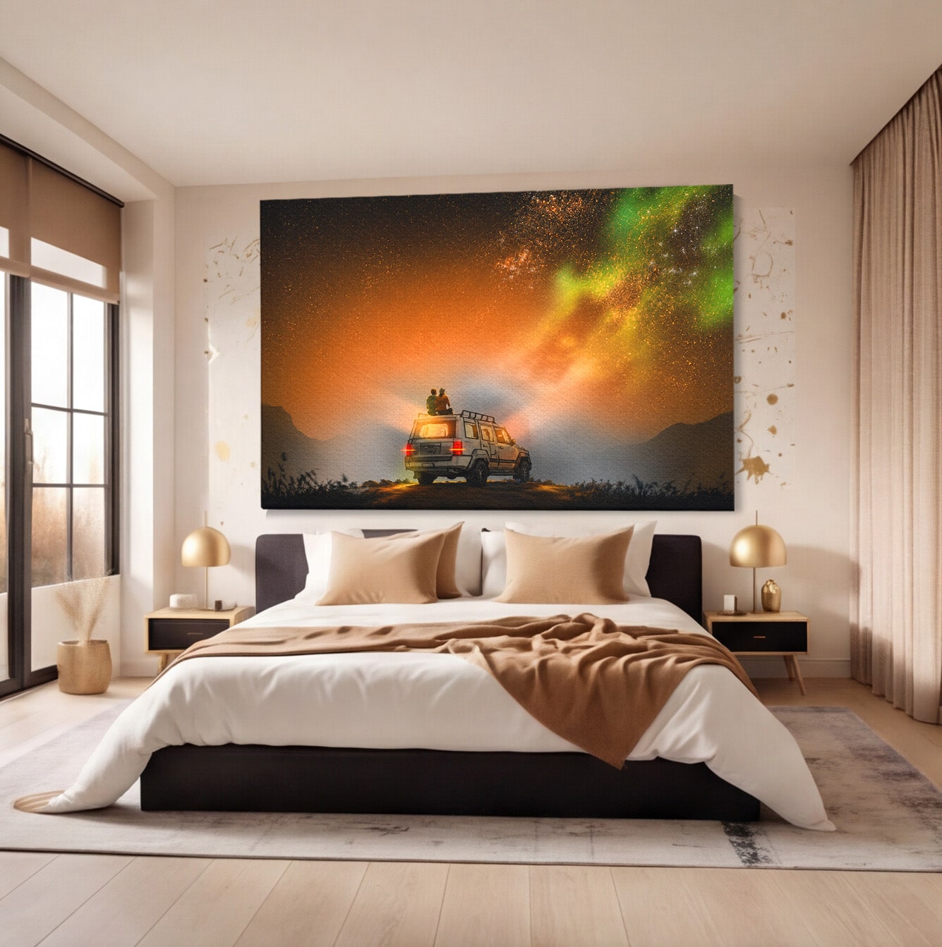 Tablou Canvas Premium LuxCanva® S1015, Cuplu Sub Aurora, Cuplu, Aurora, Masina, Stele, Noapte, Aventura, Living, Culori Vibrante