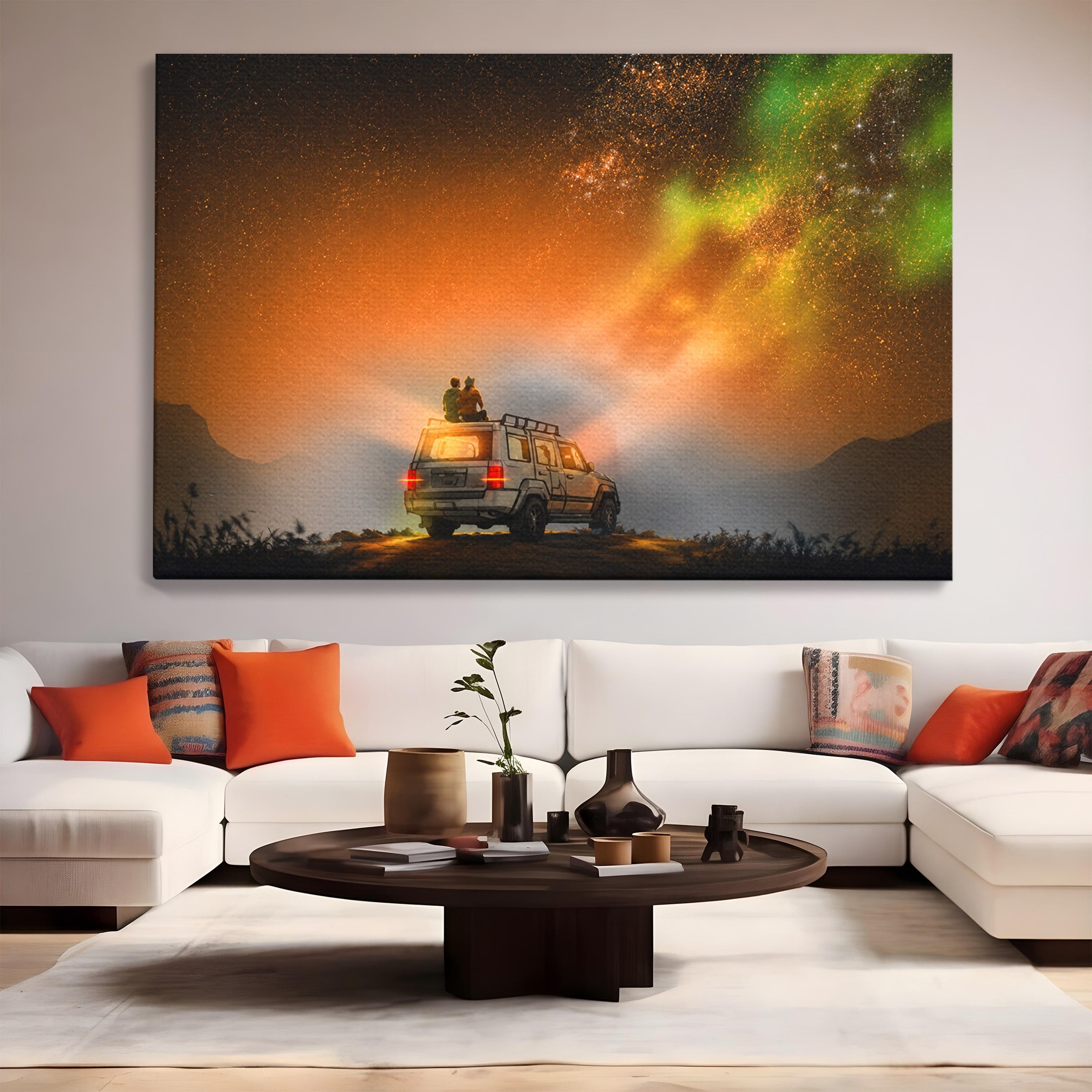 Tablou Canvas Premium LuxCanva® S1015, Cuplu Sub Aurora, Cuplu, Aurora, Masina, Stele, Noapte, Aventura, Living, Culori Vibrante
