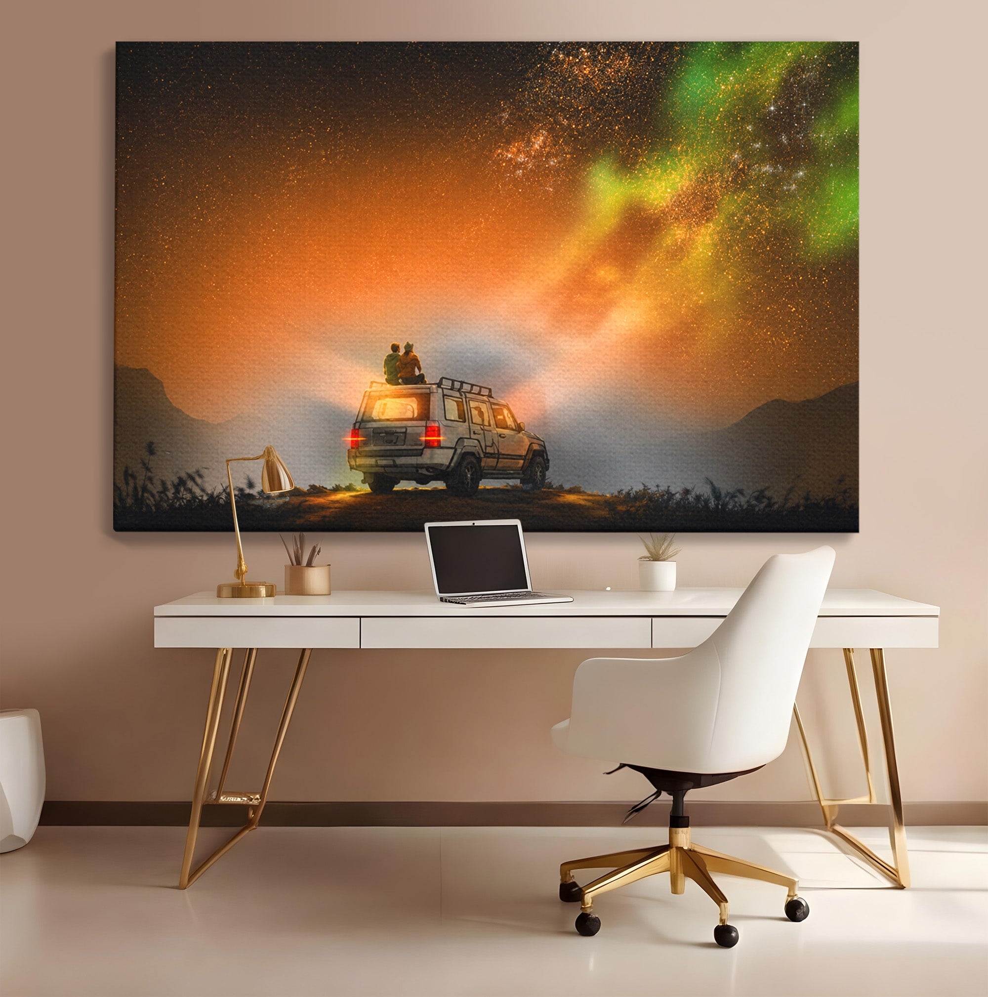 Tablou Canvas Premium LuxCanva® S1015, Cuplu Sub Aurora, Cuplu, Aurora, Masina, Stele, Noapte, Aventura, Living, Culori Vibrante
