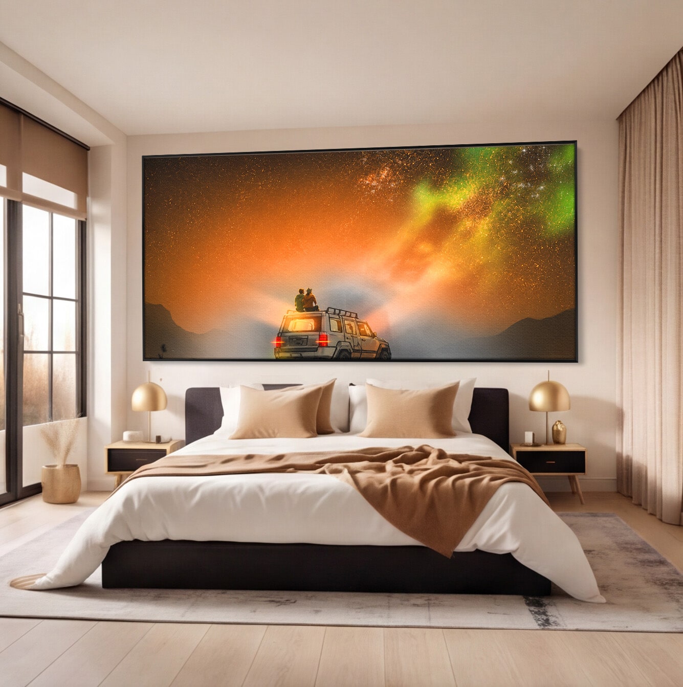 Tablou Canvas Premium LuxCanva® S1015, Cuplu Sub Aurora, Cuplu, Aurora, Masina, Stele, Noapte, Aventura, Living, Culori Vibrante