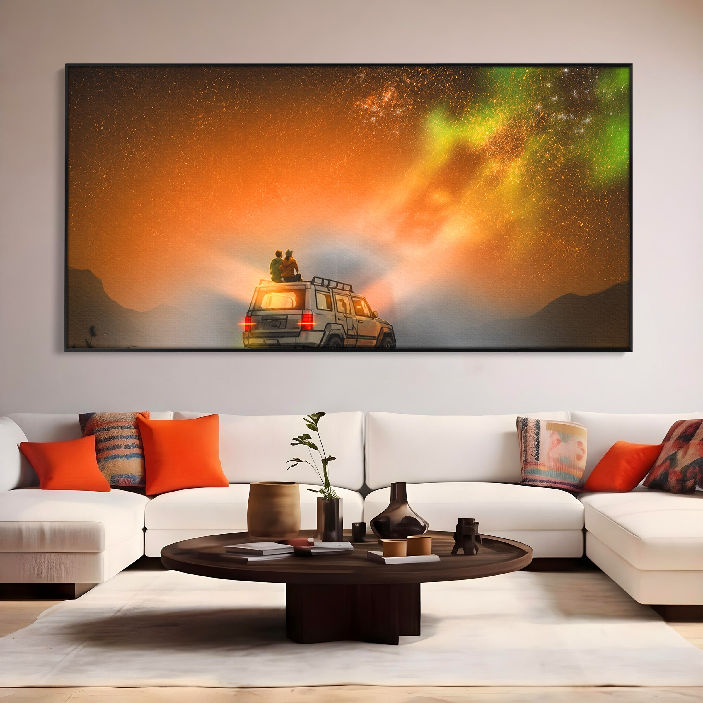 Tablou Canvas Premium LuxCanva® S1015, Cuplu Sub Aurora, Cuplu, Aurora, Masina, Stele, Noapte, Aventura, Living, Culori Vibrante