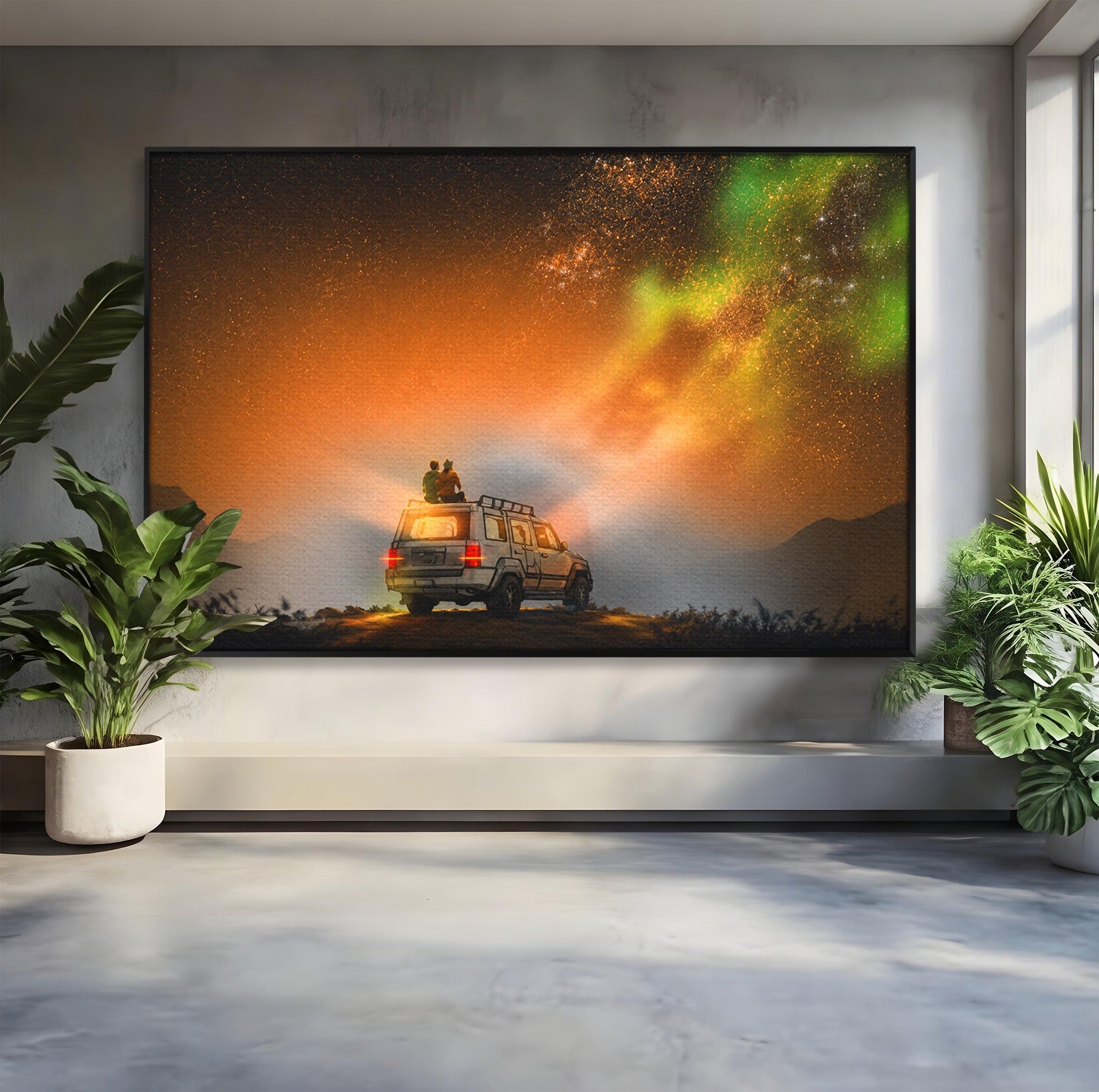Tablou Canvas Premium LuxCanva® S1015, Cuplu Sub Aurora, Cuplu, Aurora, Masina, Stele, Noapte, Aventura, Living, Culori Vibrante