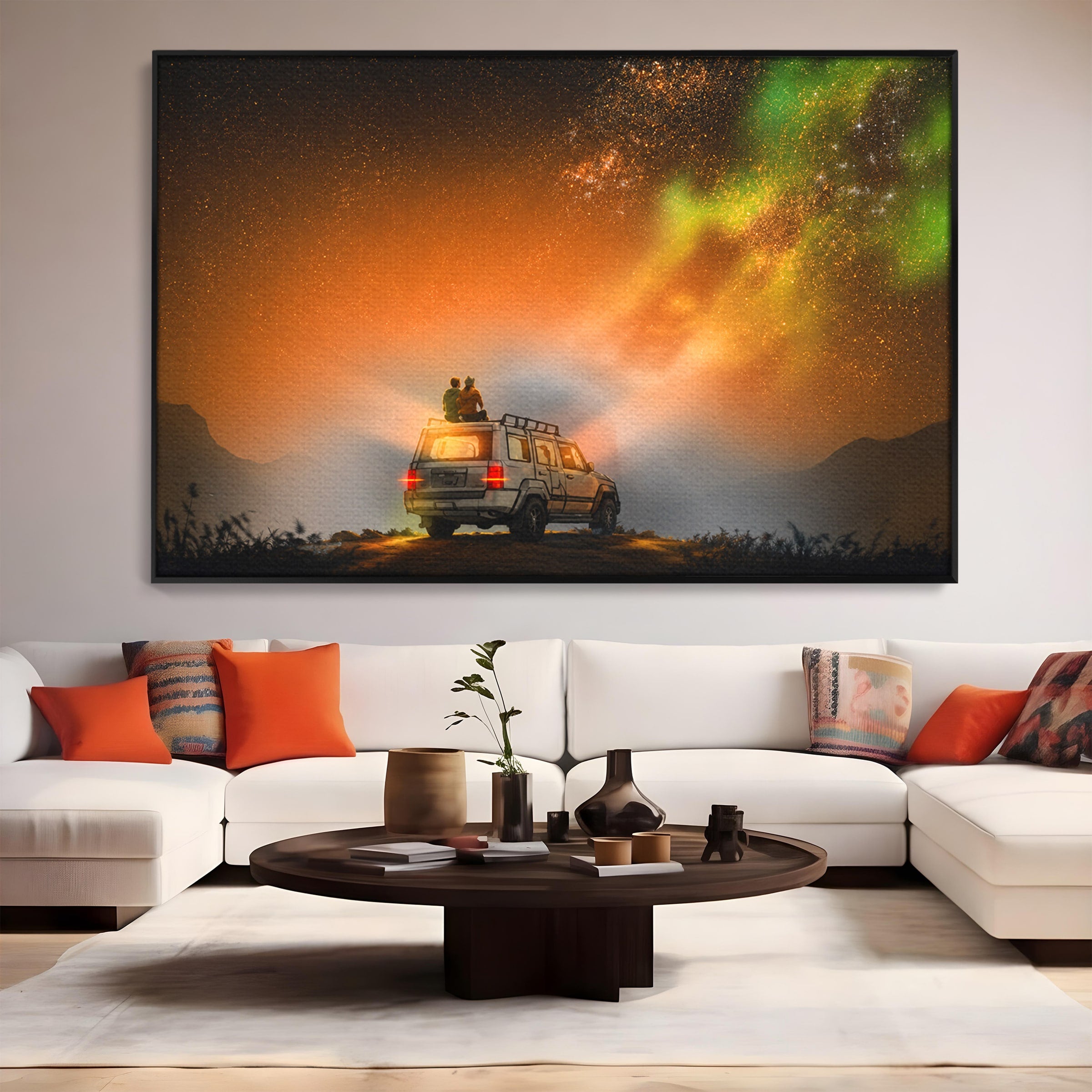 Tablou Canvas Premium LuxCanva® S1015, Cuplu Sub Aurora, Cuplu, Aurora, Masina, Stele, Noapte, Aventura, Living, Culori Vibrante