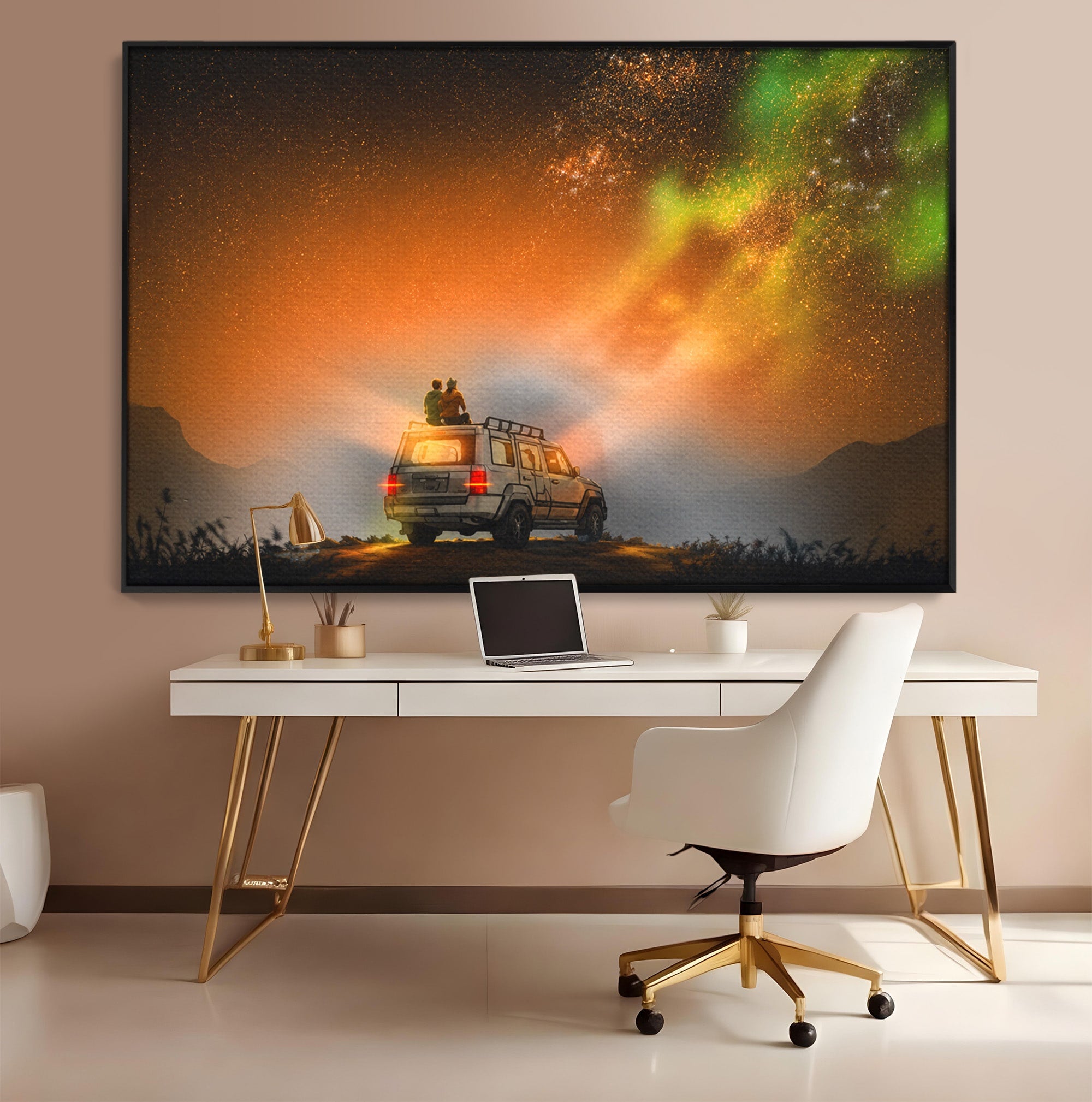 Tablou Canvas Premium LuxCanva® S1015, Cuplu Sub Aurora, Cuplu, Aurora, Masina, Stele, Noapte, Aventura, Living, Culori Vibrante