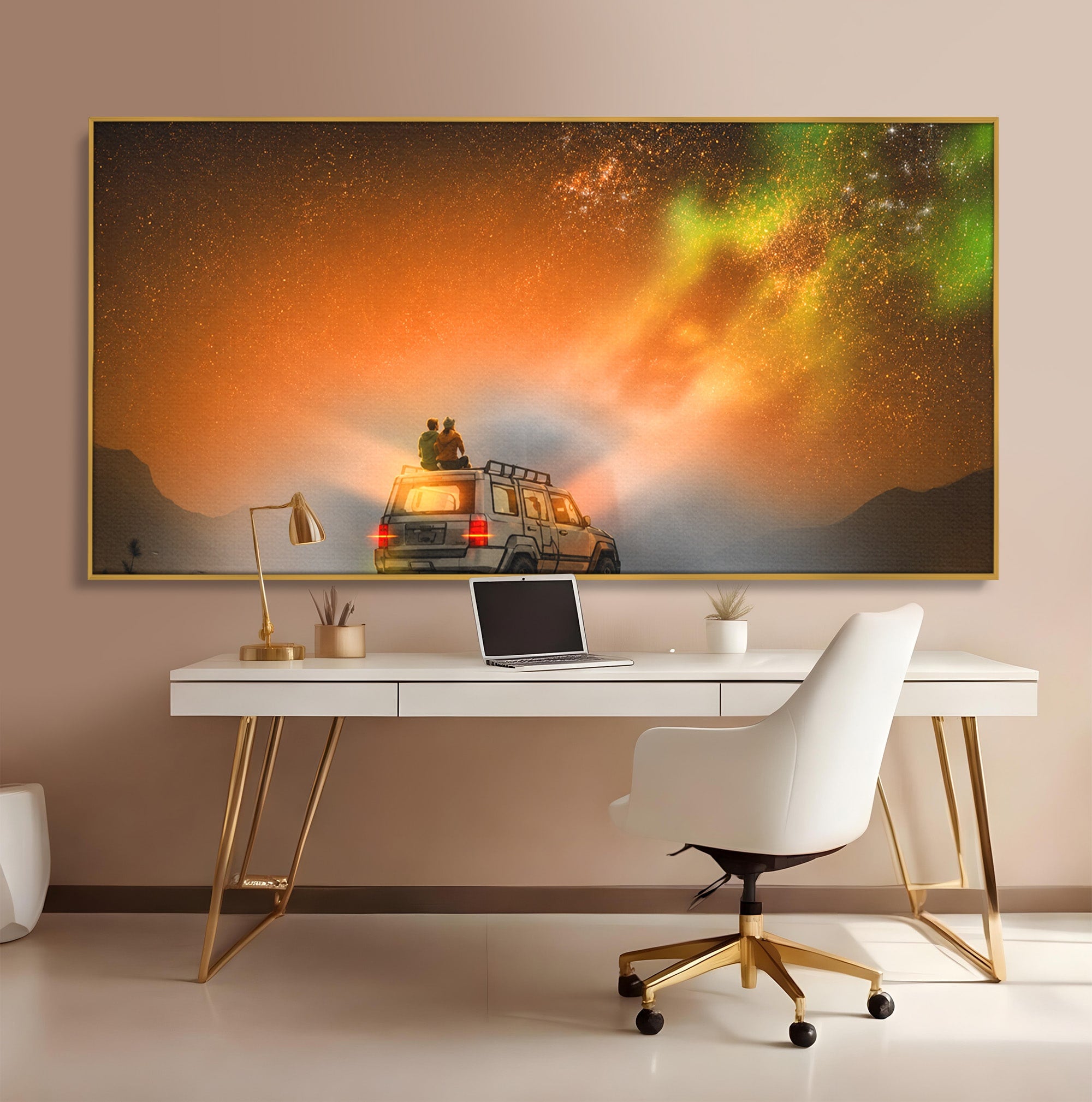 Tablou Canvas Premium LuxCanva® S1015, Cuplu Sub Aurora, Cuplu, Aurora, Masina, Stele, Noapte, Aventura, Living, Culori Vibrante