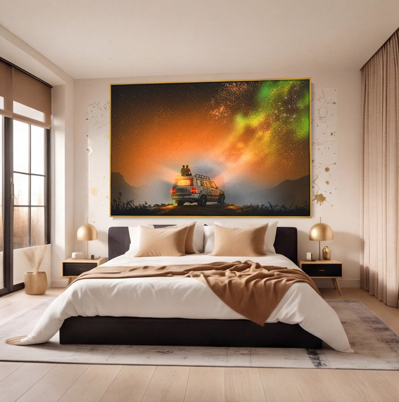 Tablou Canvas Premium LuxCanva® S1015, Cuplu Sub Aurora, Cuplu, Aurora, Masina, Stele, Noapte, Aventura, Living, Culori Vibrante