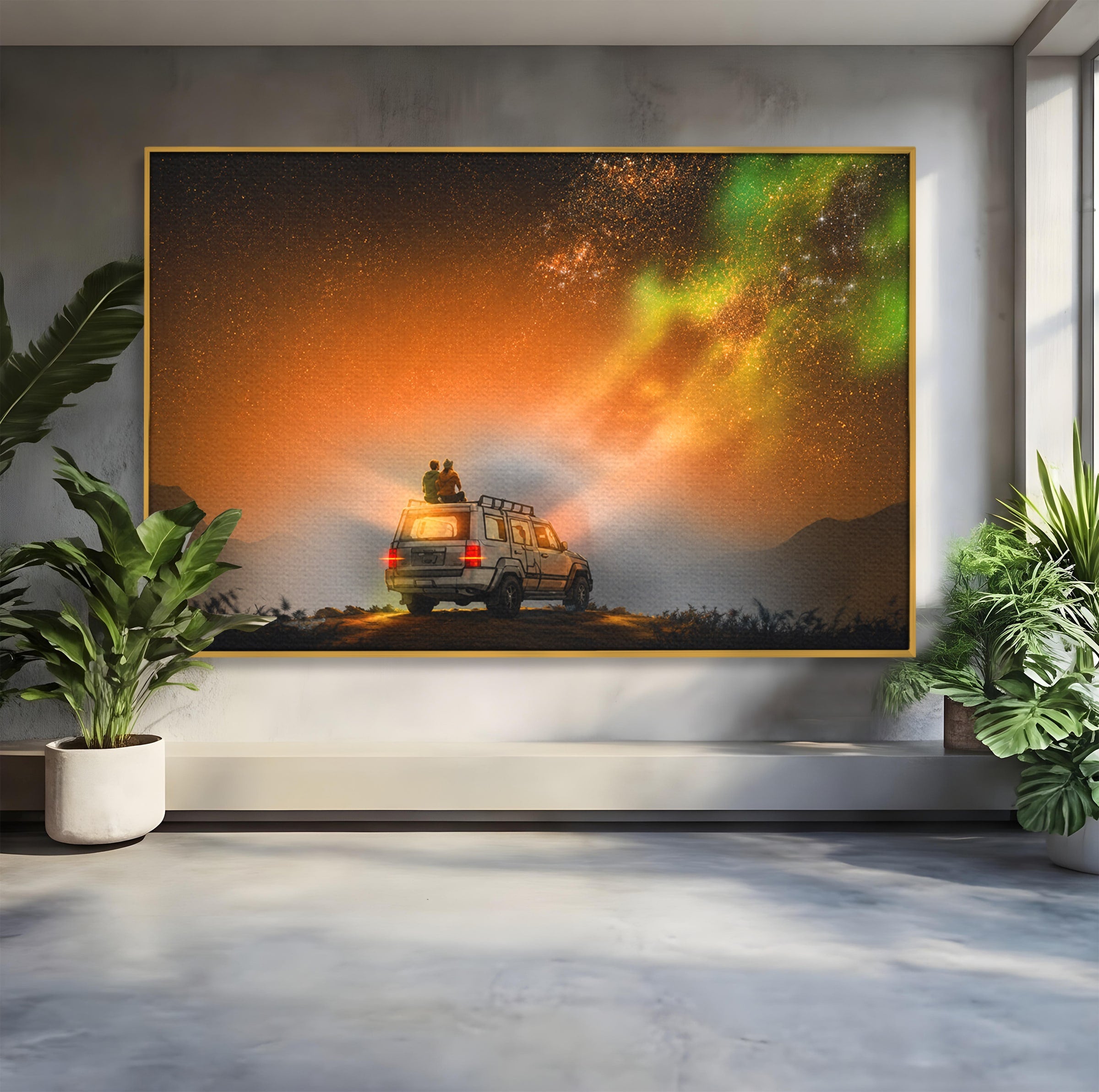 Tablou Canvas Premium LuxCanva® S1015, Cuplu Sub Aurora, Cuplu, Aurora, Masina, Stele, Noapte, Aventura, Living, Culori Vibrante