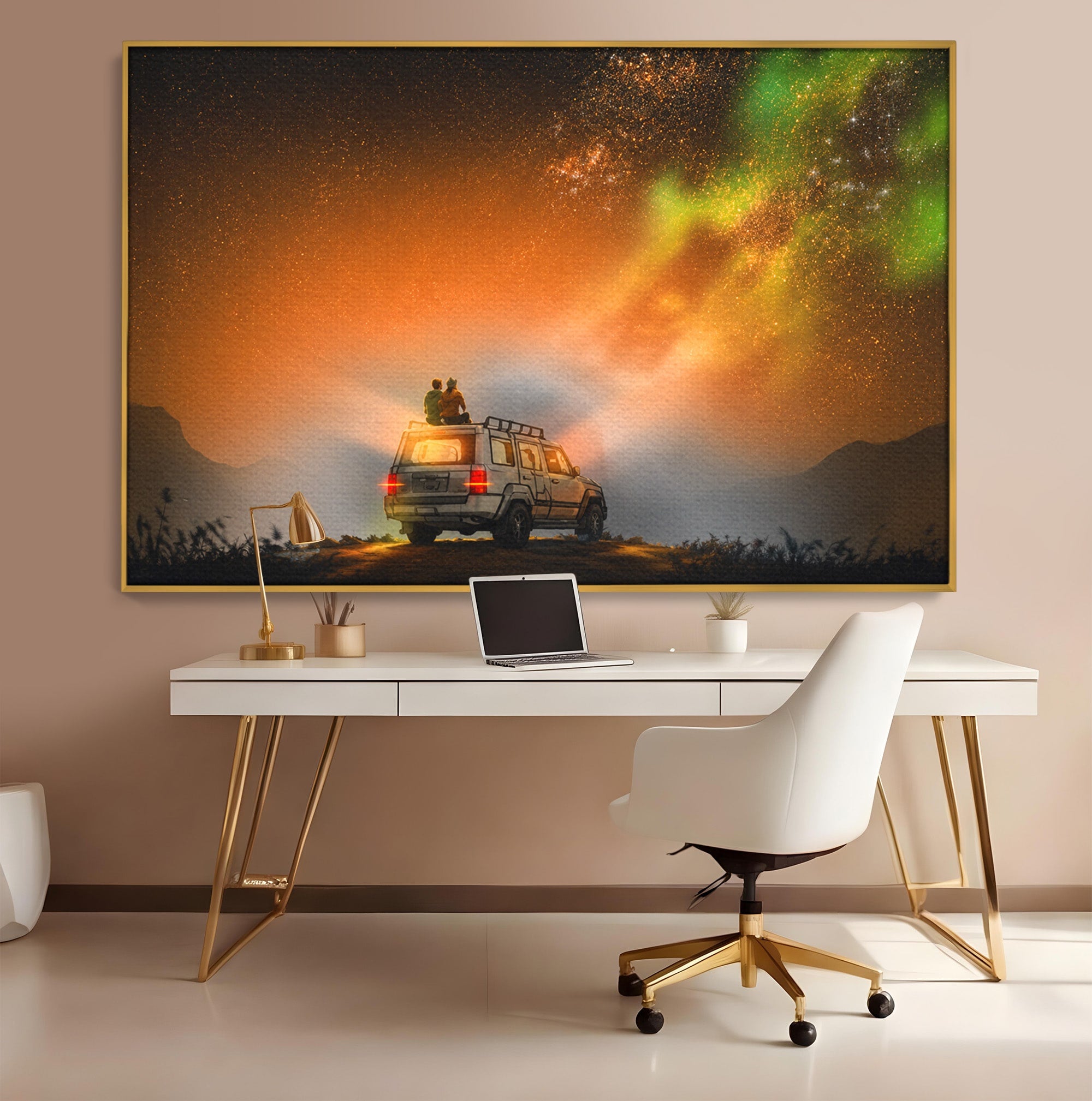 Tablou Canvas Premium LuxCanva® S1015, Cuplu Sub Aurora, Cuplu, Aurora, Masina, Stele, Noapte, Aventura, Living, Culori Vibrante