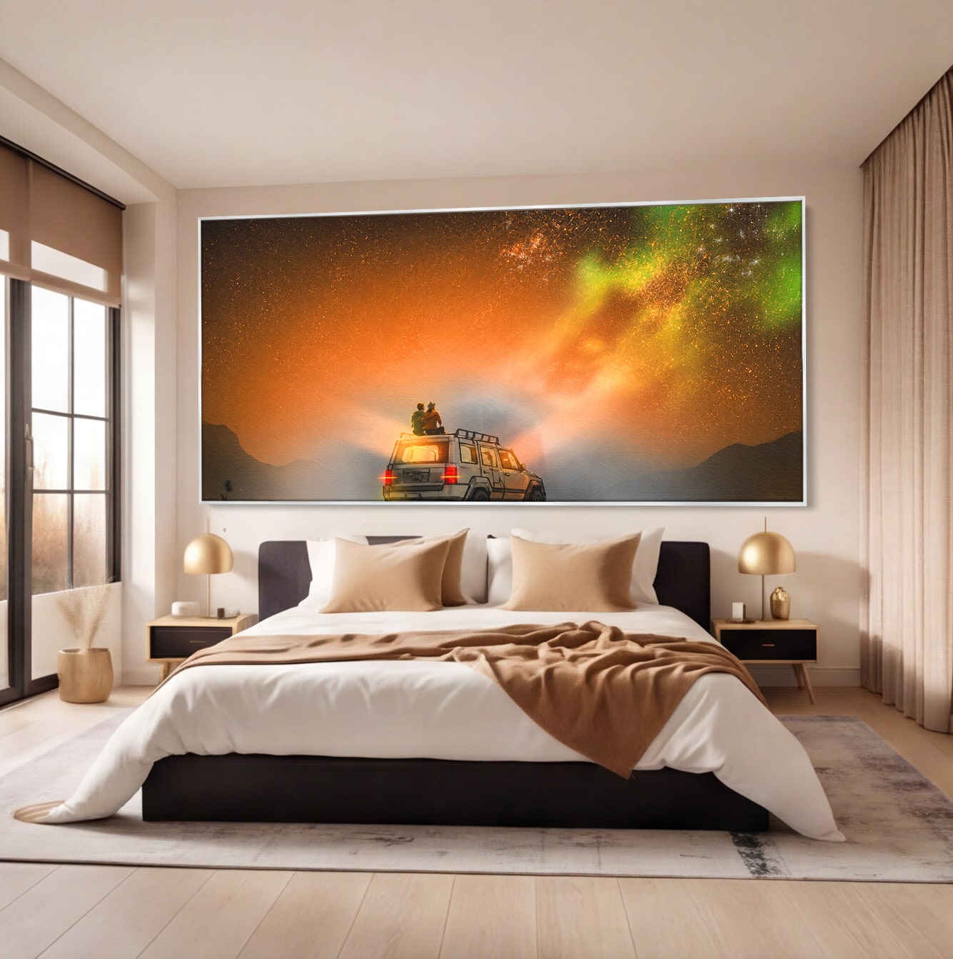 Tablou Canvas Premium LuxCanva® S1015, Cuplu Sub Aurora, Cuplu, Aurora, Masina, Stele, Noapte, Aventura, Living, Culori Vibrante